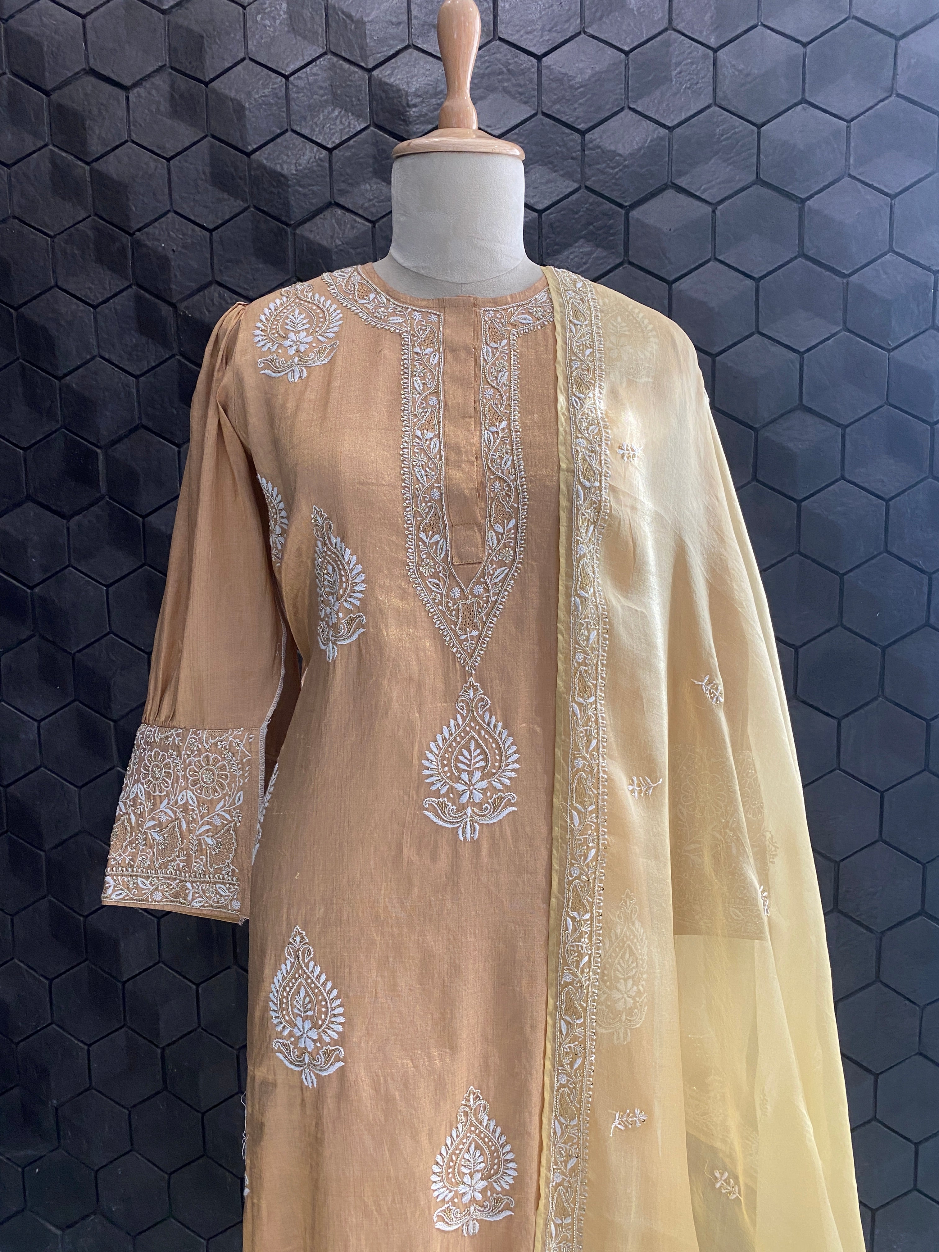 Peach tissue chikankari kurta set