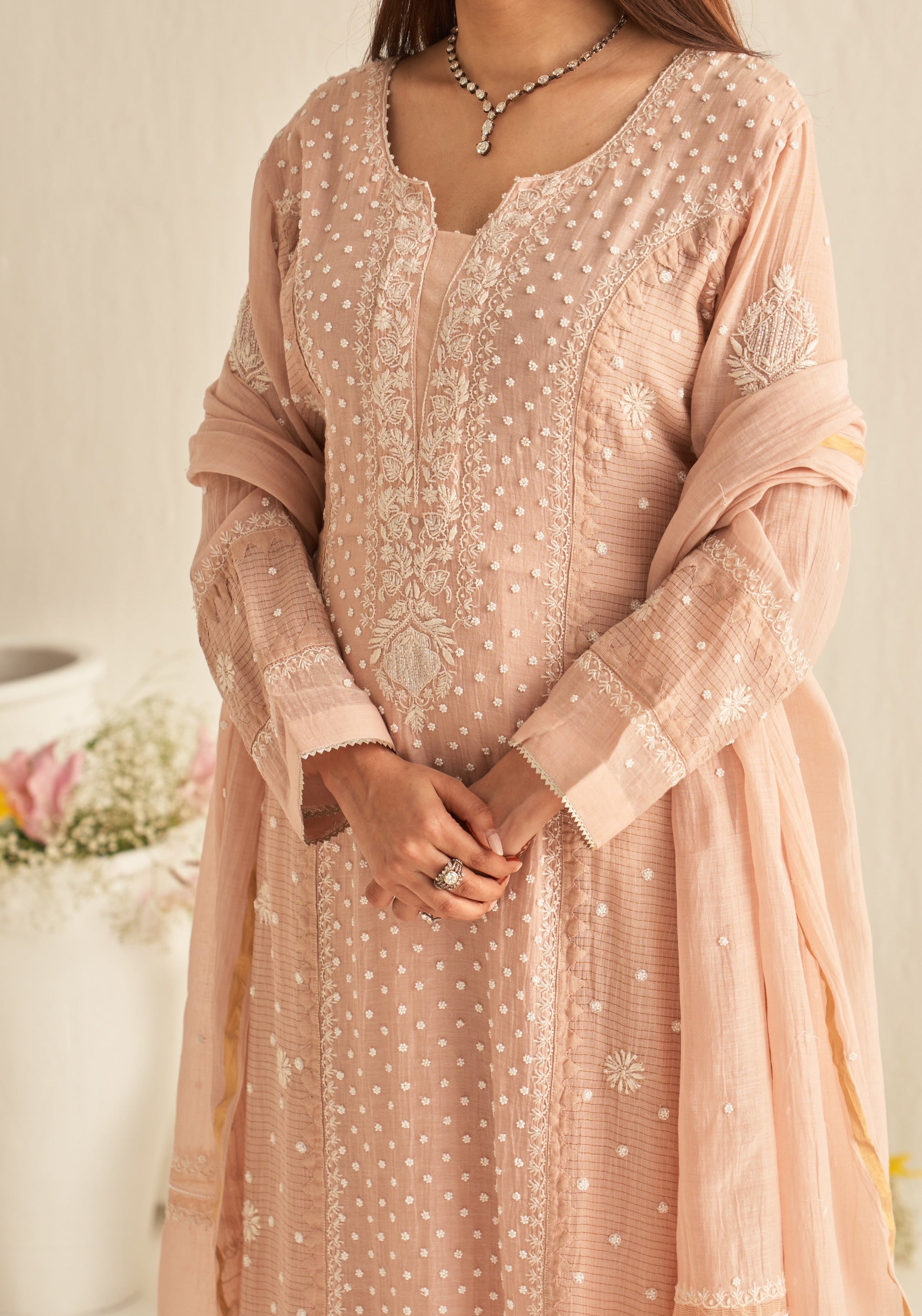 Blush pink chanderi Chikankari suit set
