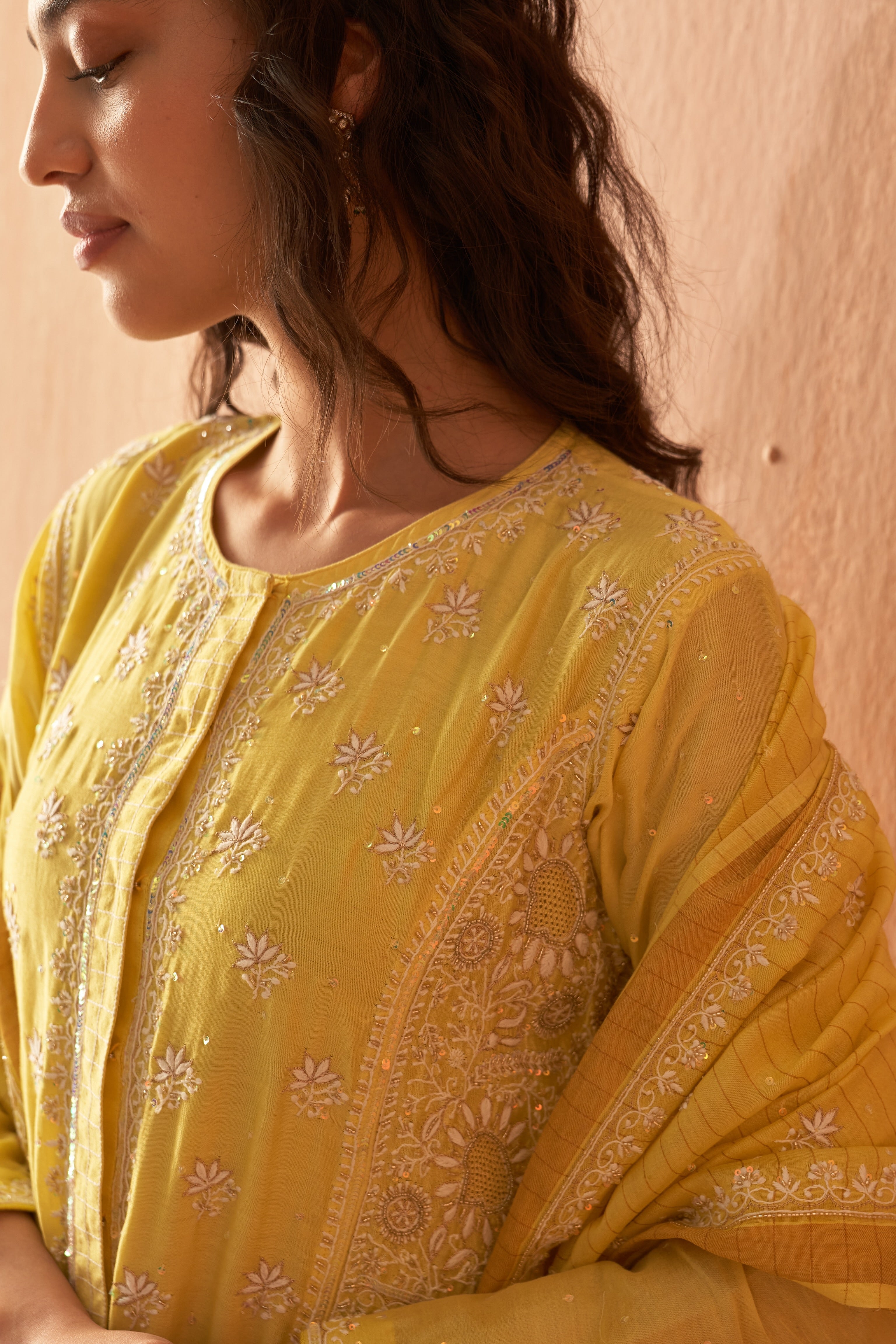 Yellow chanderi chikankari and zardozi Anarkali set