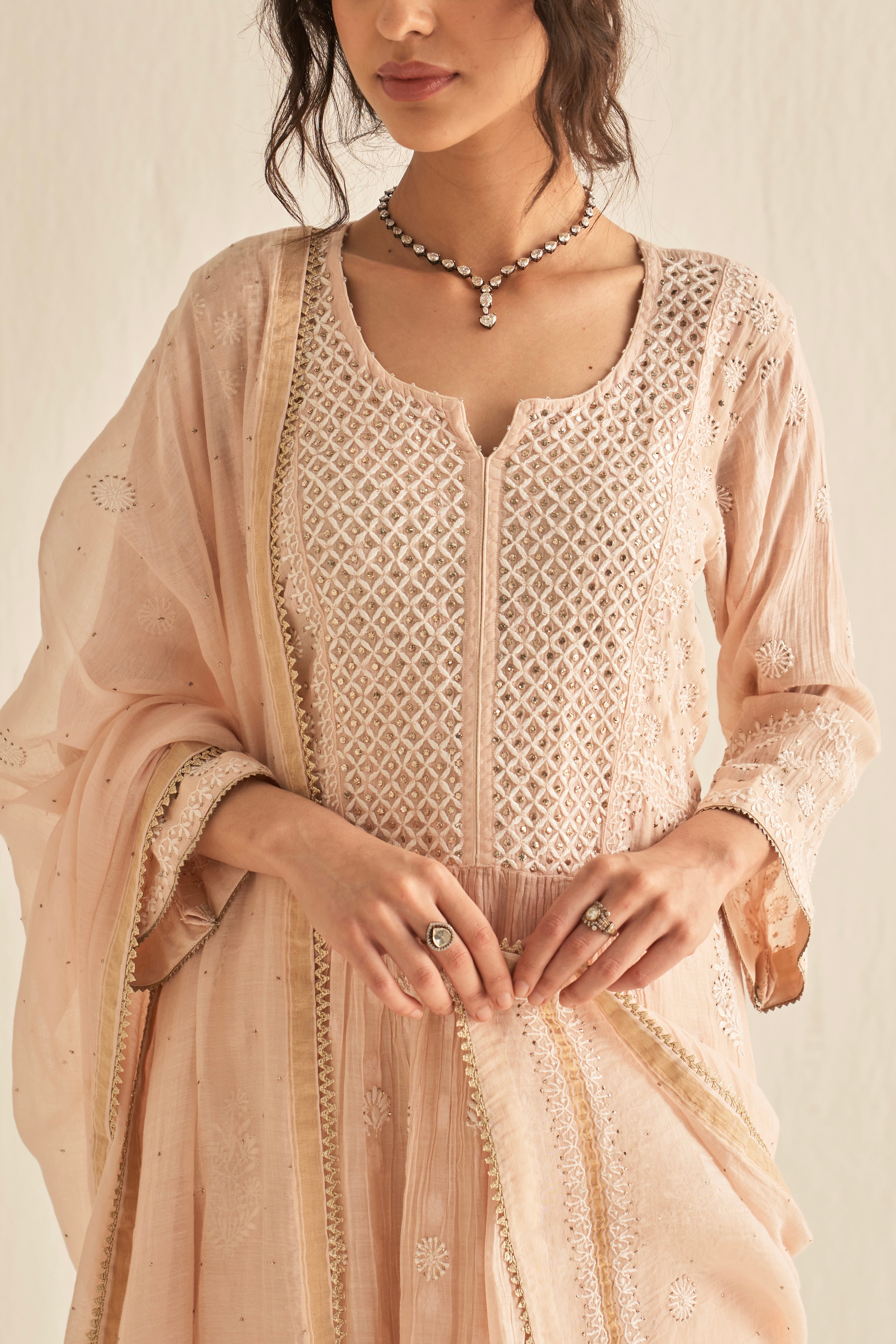 Peach mul chanderi with jacquard weaving kurta set