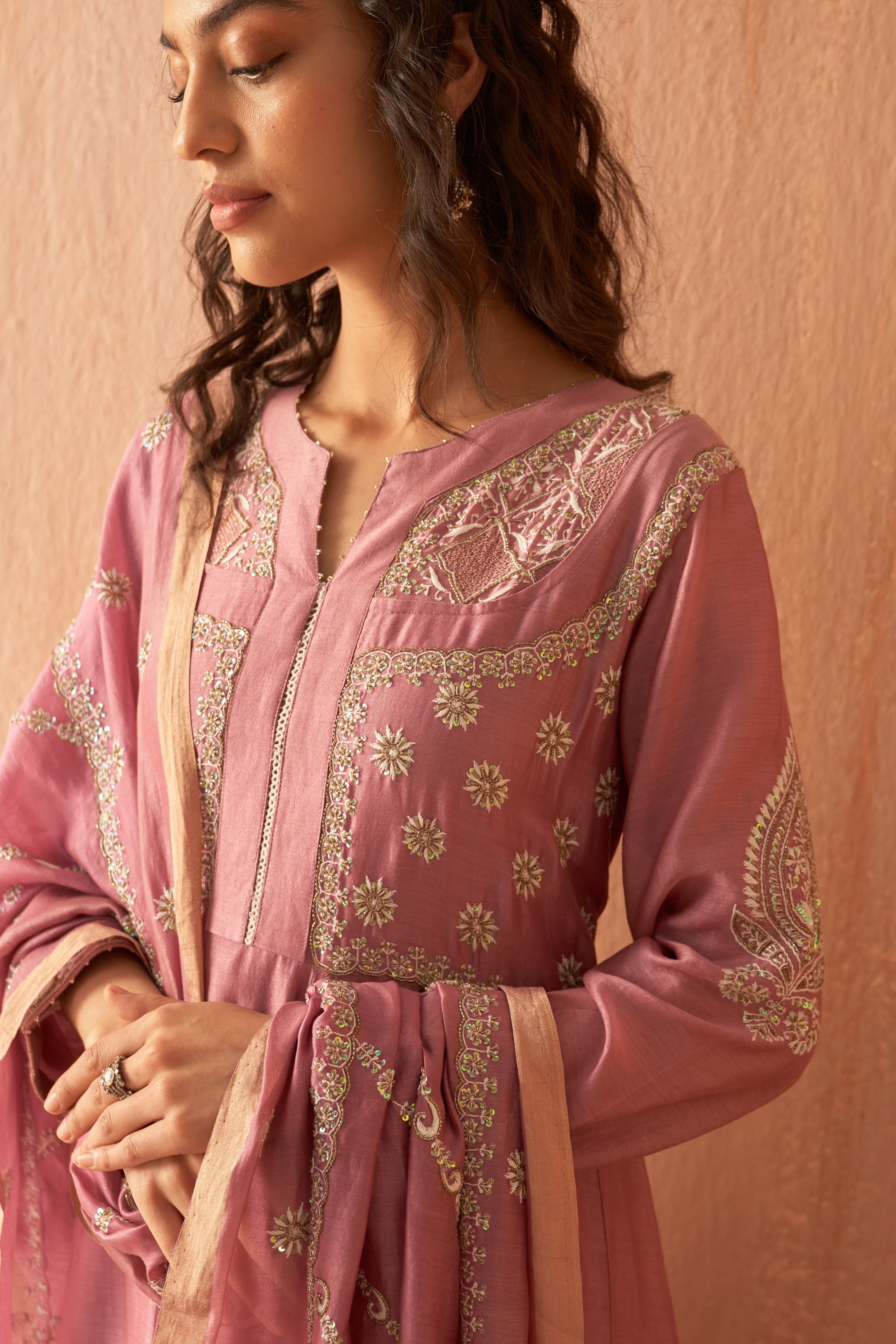 Onion Pink Chanderi chikankari anarkali set