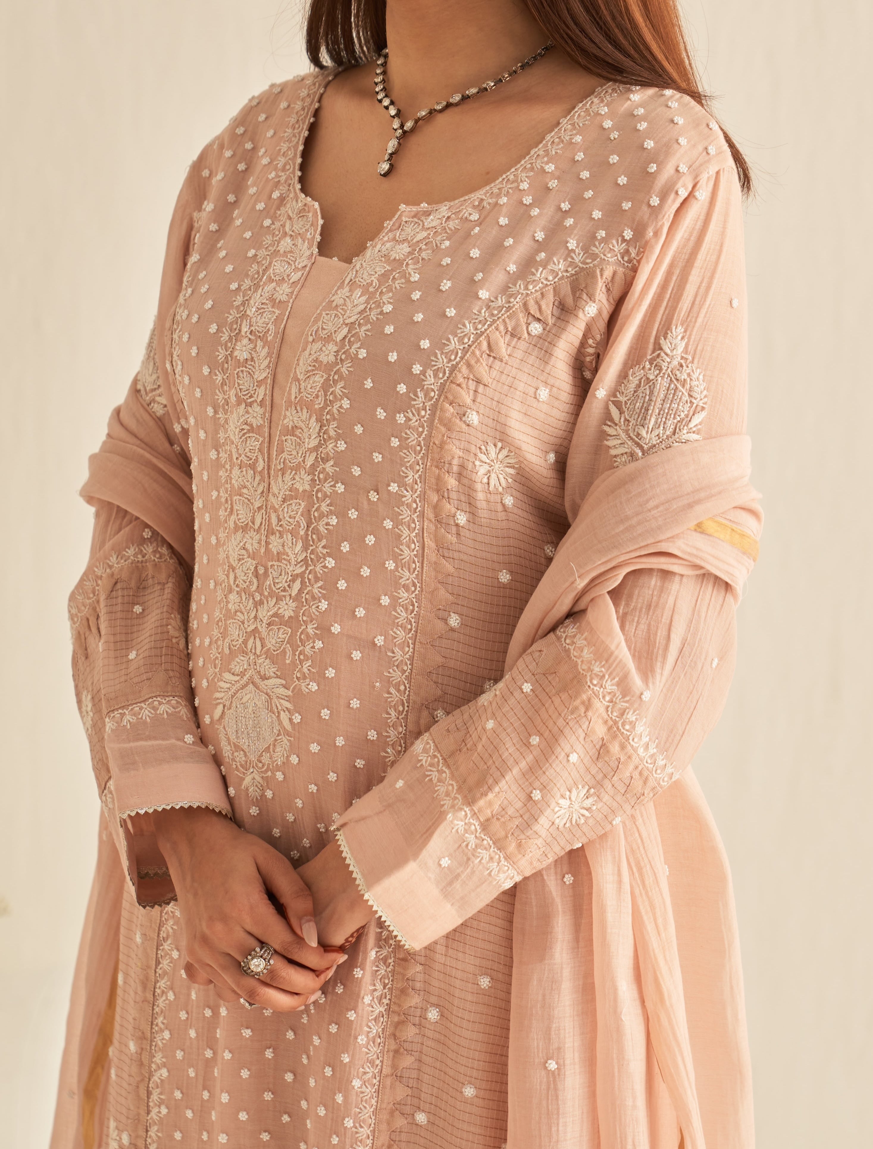 Blush pink chanderi Chikankari suit set