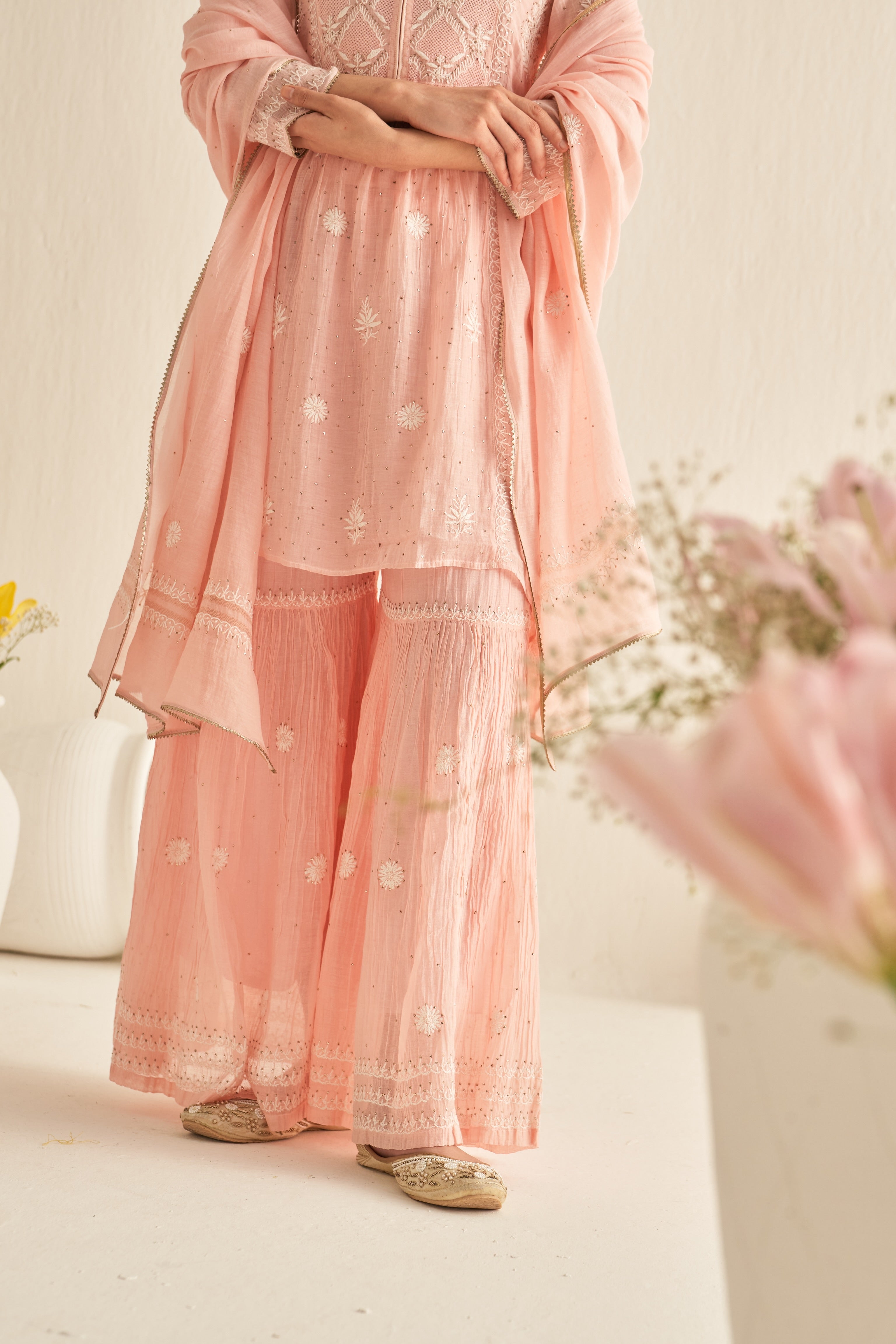 Pink mul chanderi chikankari sharara set