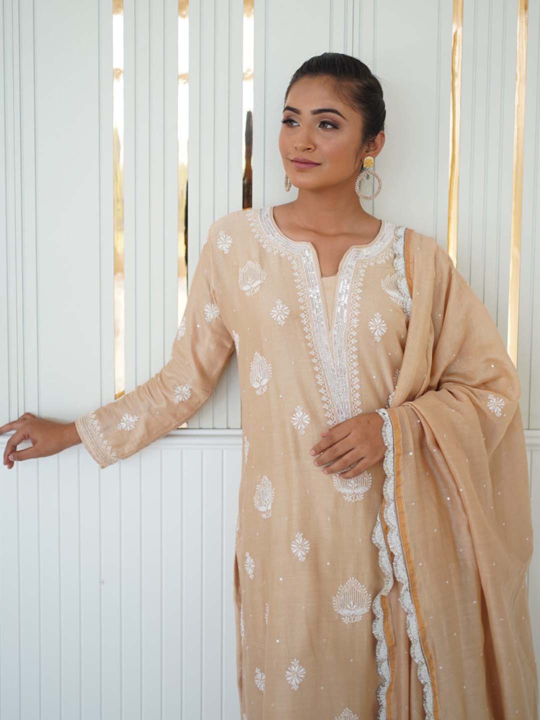 Beige Suit Set With Sequence Neck & Lucknowi Chikankari