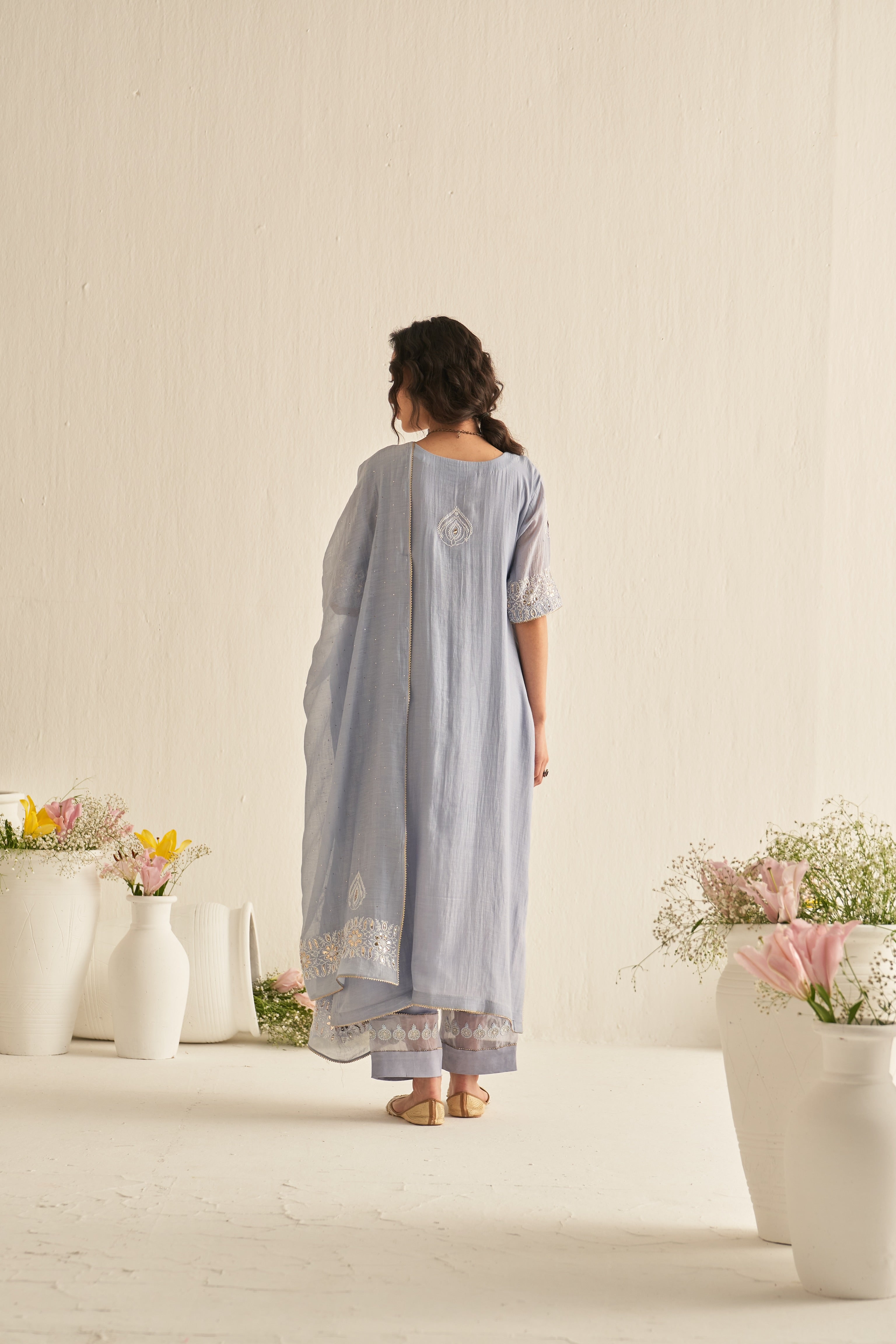Ash blue mul chanderi mukaish and chikankari kurta set