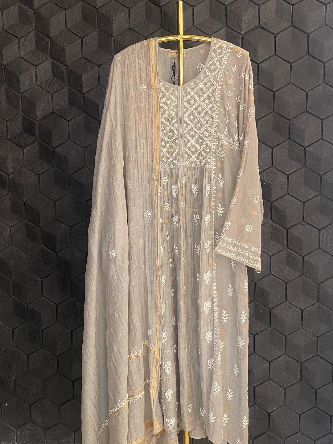 Grey Mul Chanderi Chikankari Suit Set
