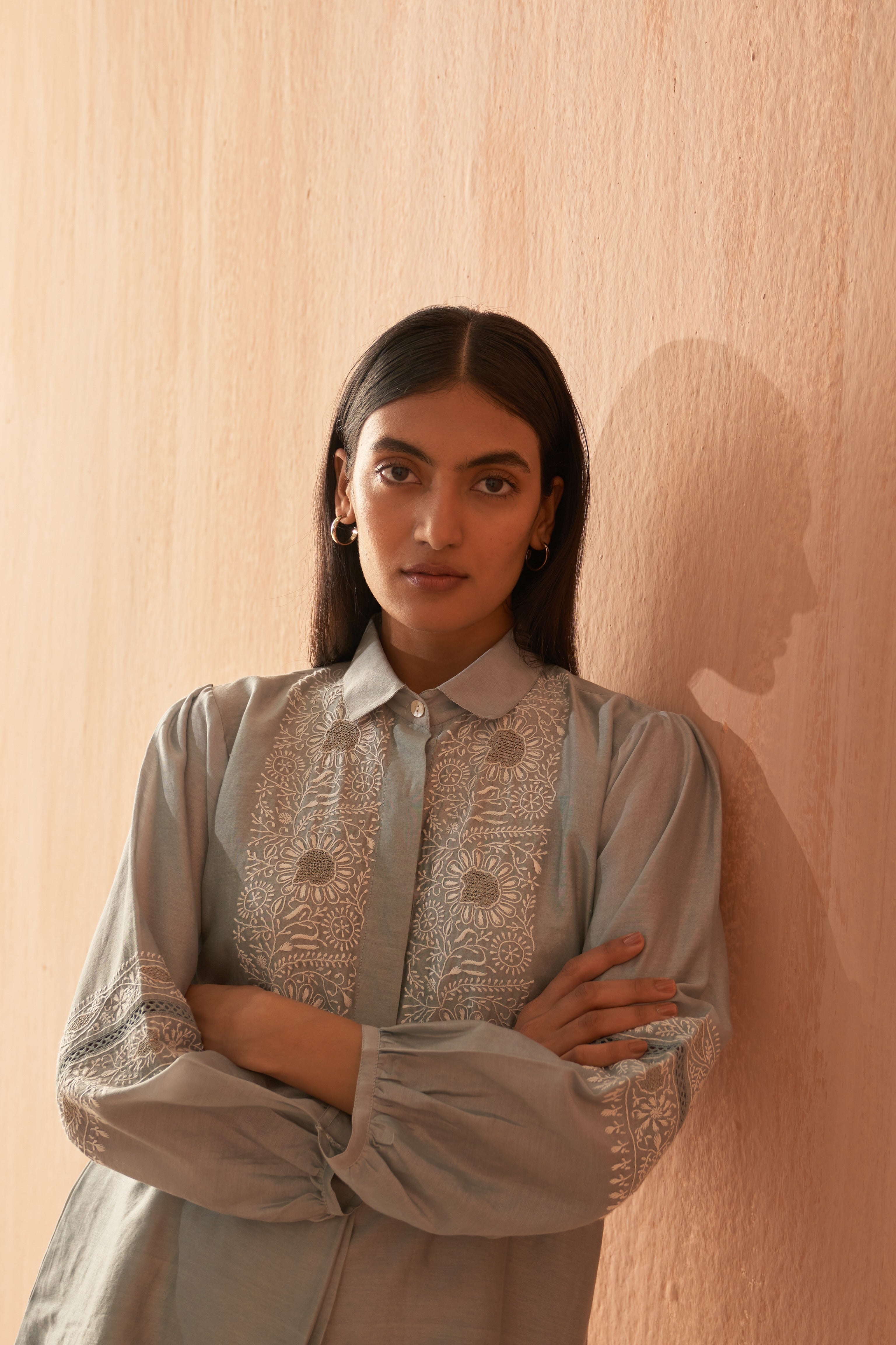 Grey chanderi chikankari Co-ord sets