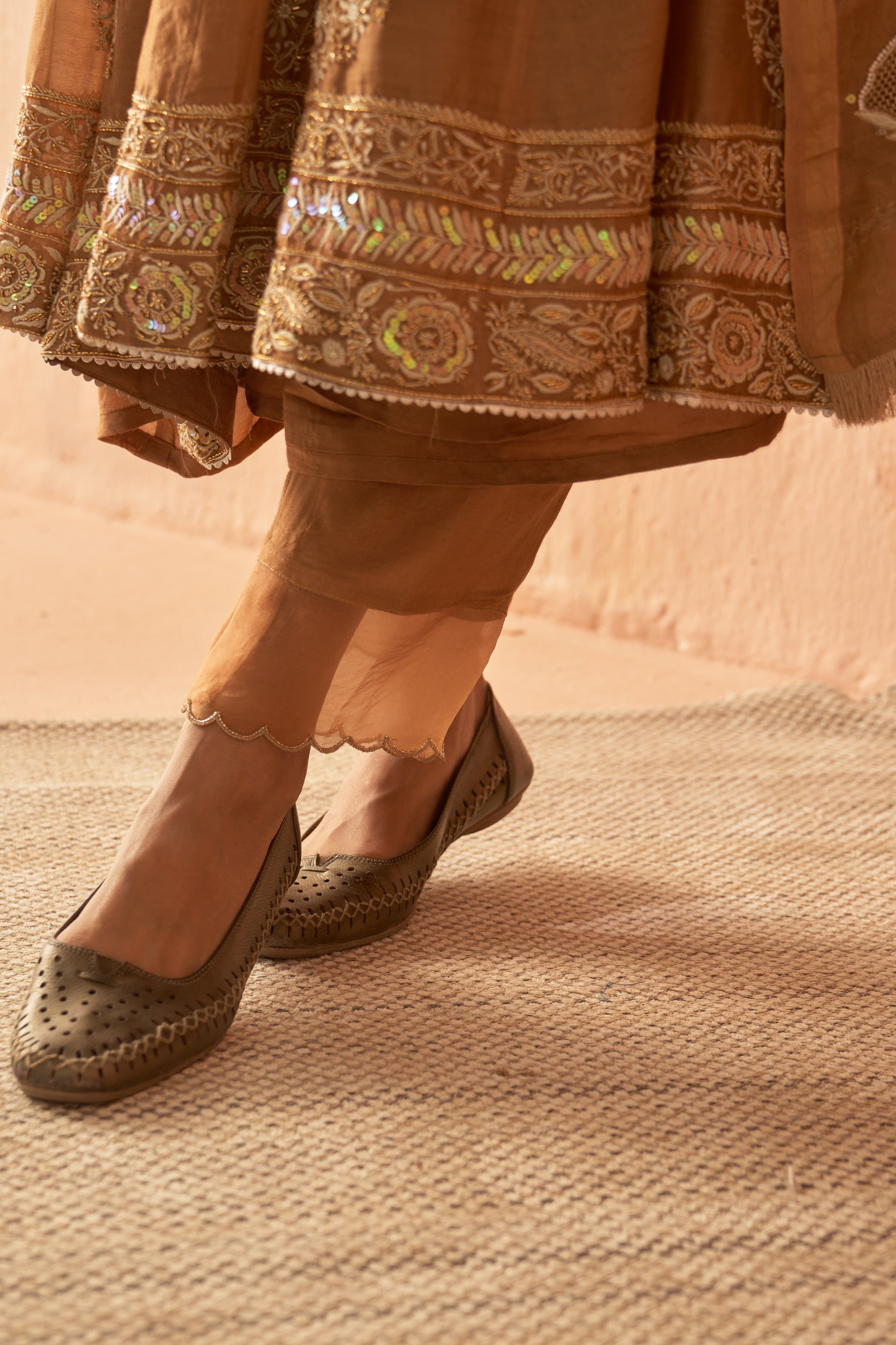 Brown chanderi chikankari with Zari work Anarkali set