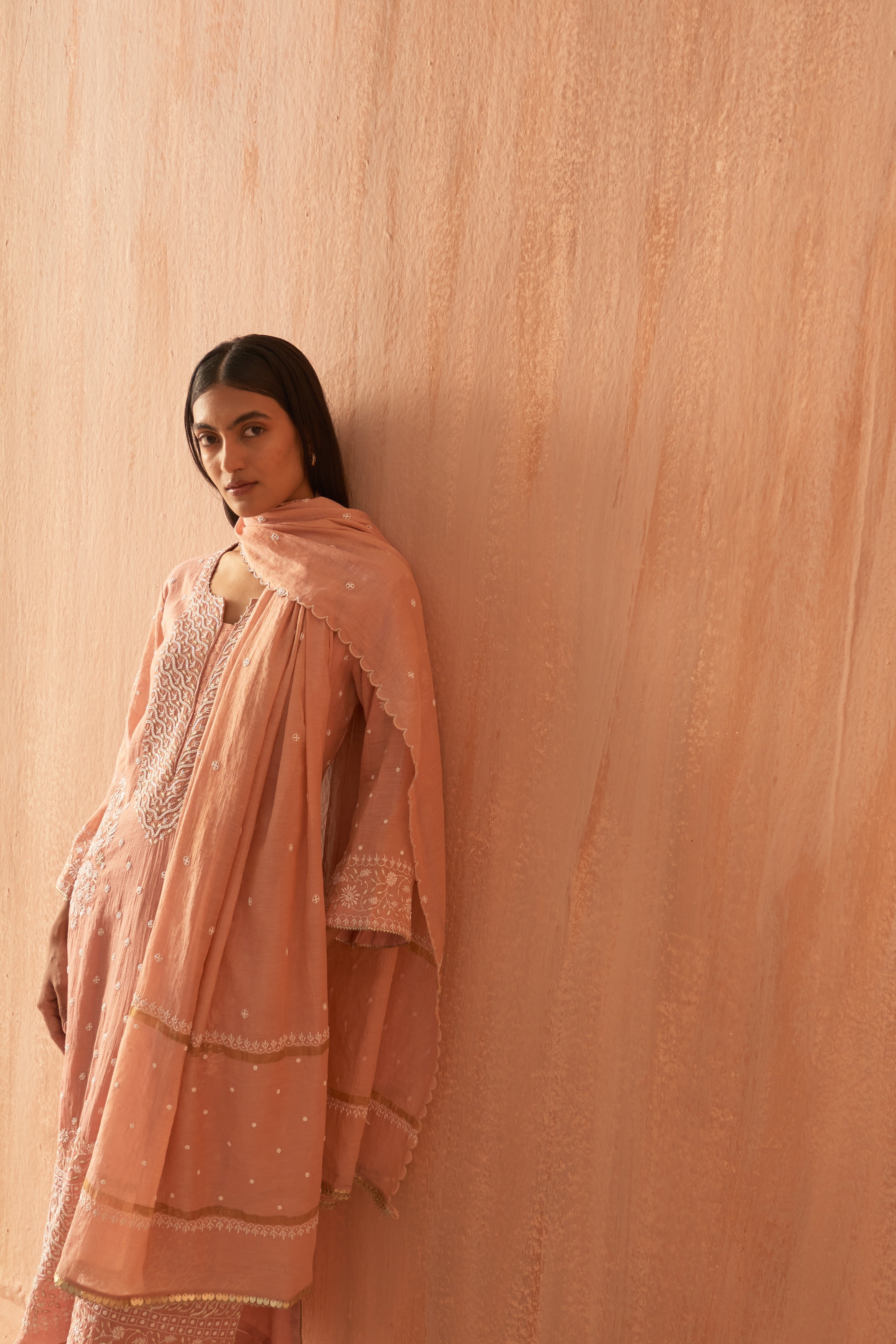 Pink Tissue Pearl Chikankari Embroidered Kurta Set
