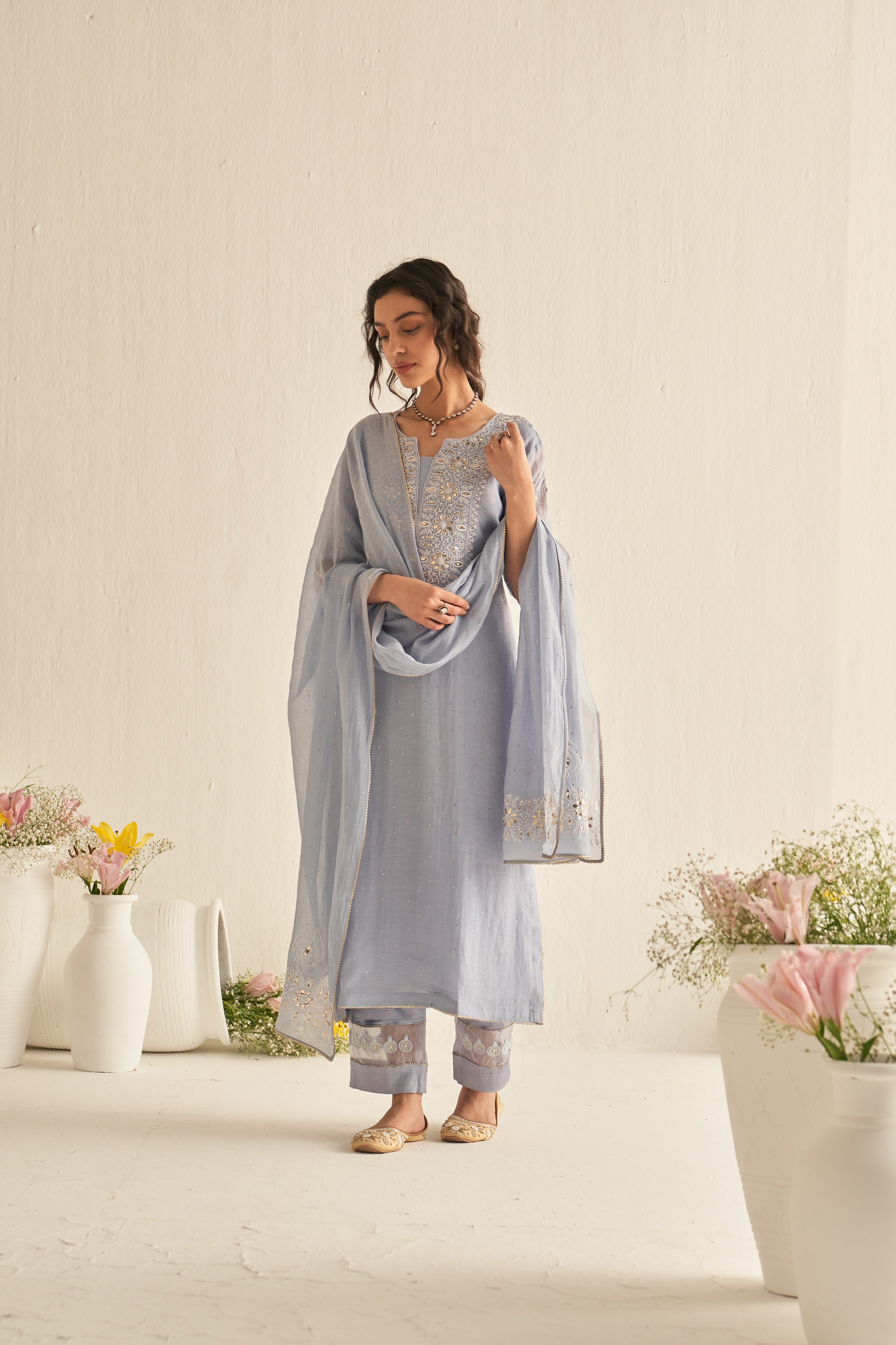 Ash blue mul chanderi mukaish and chikankari kurta set