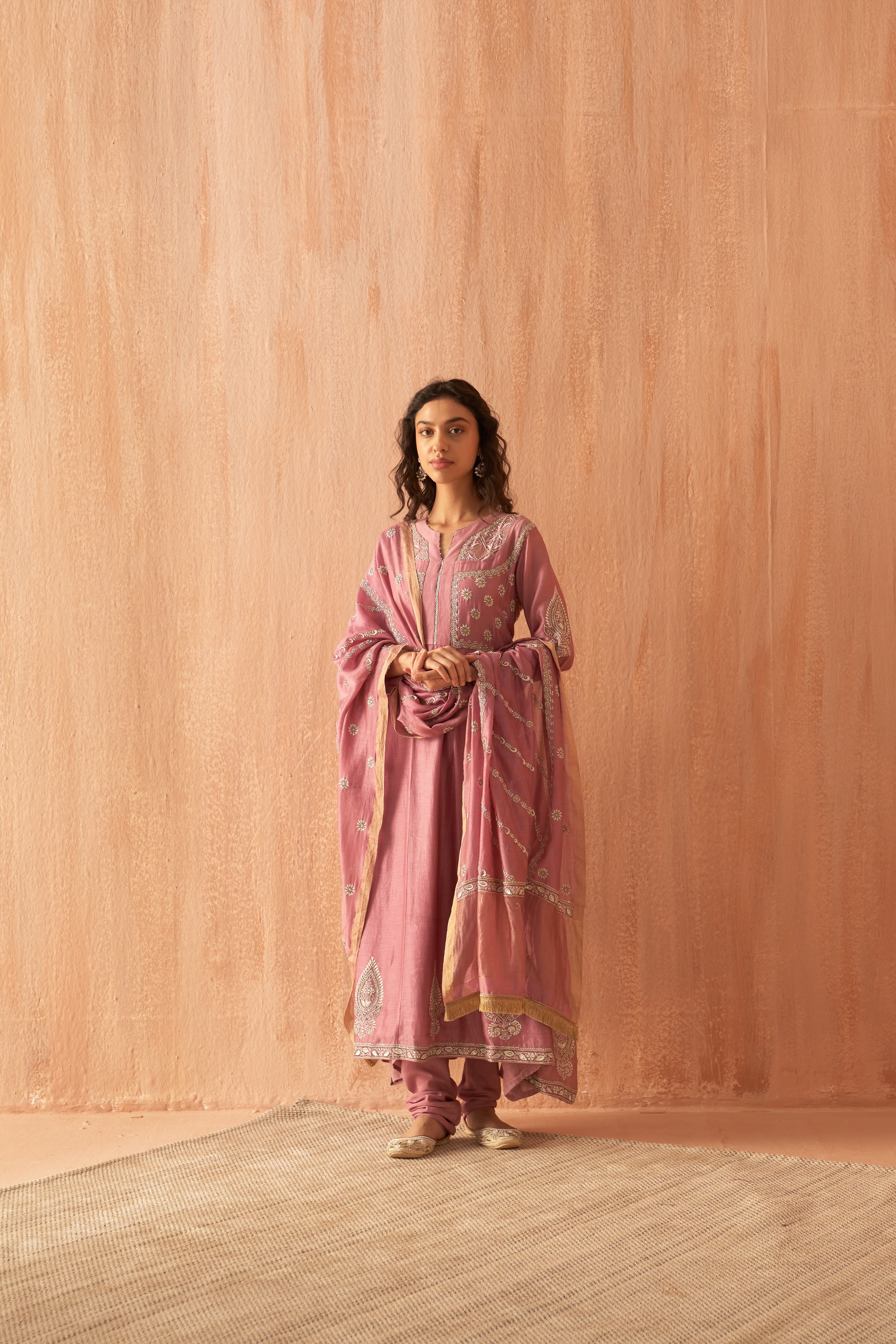 Onion Pink Chanderi chikankari anarkali set