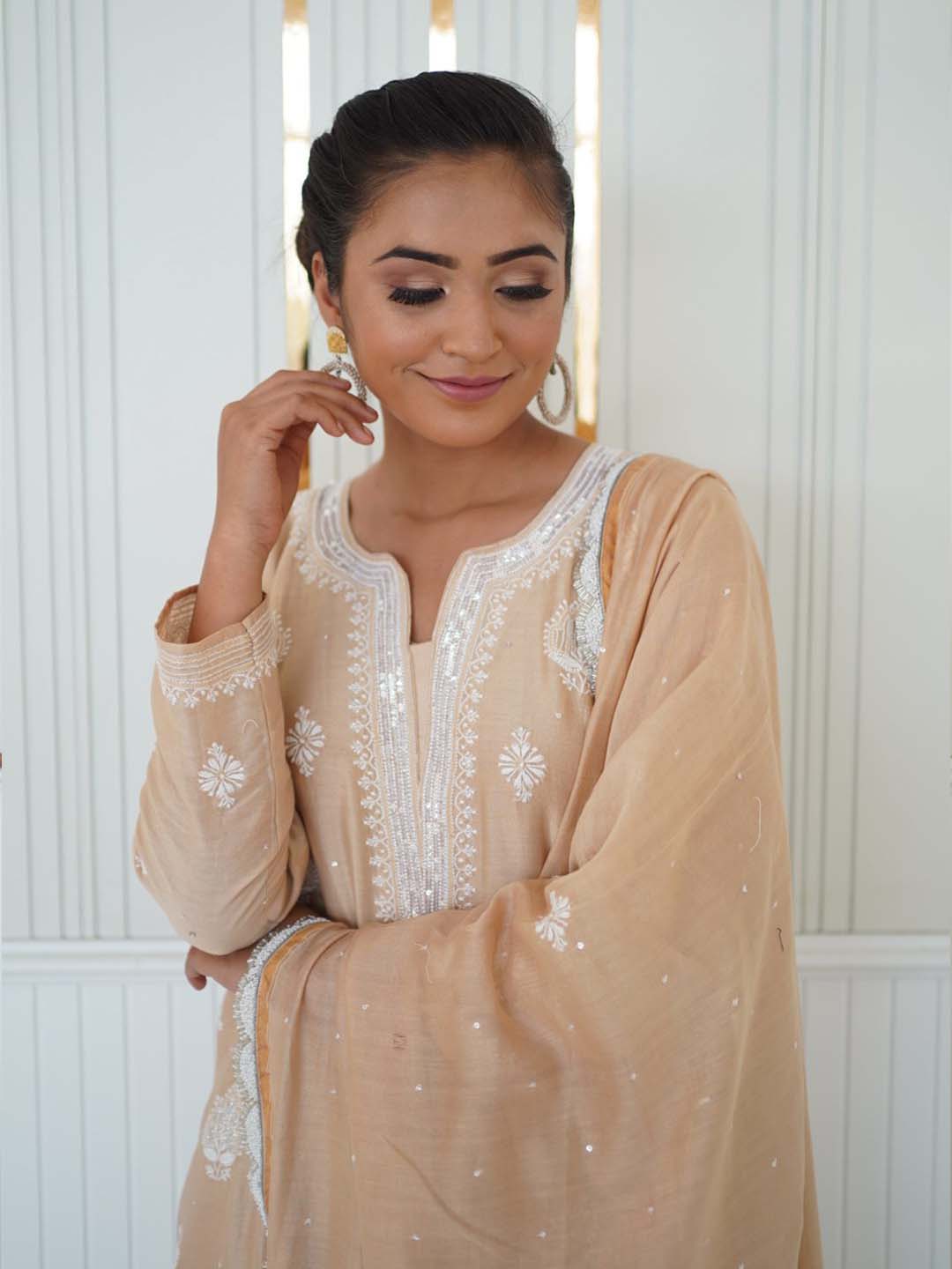 Beige Suit Set With Sequence Neck & Lucknowi Chikankari