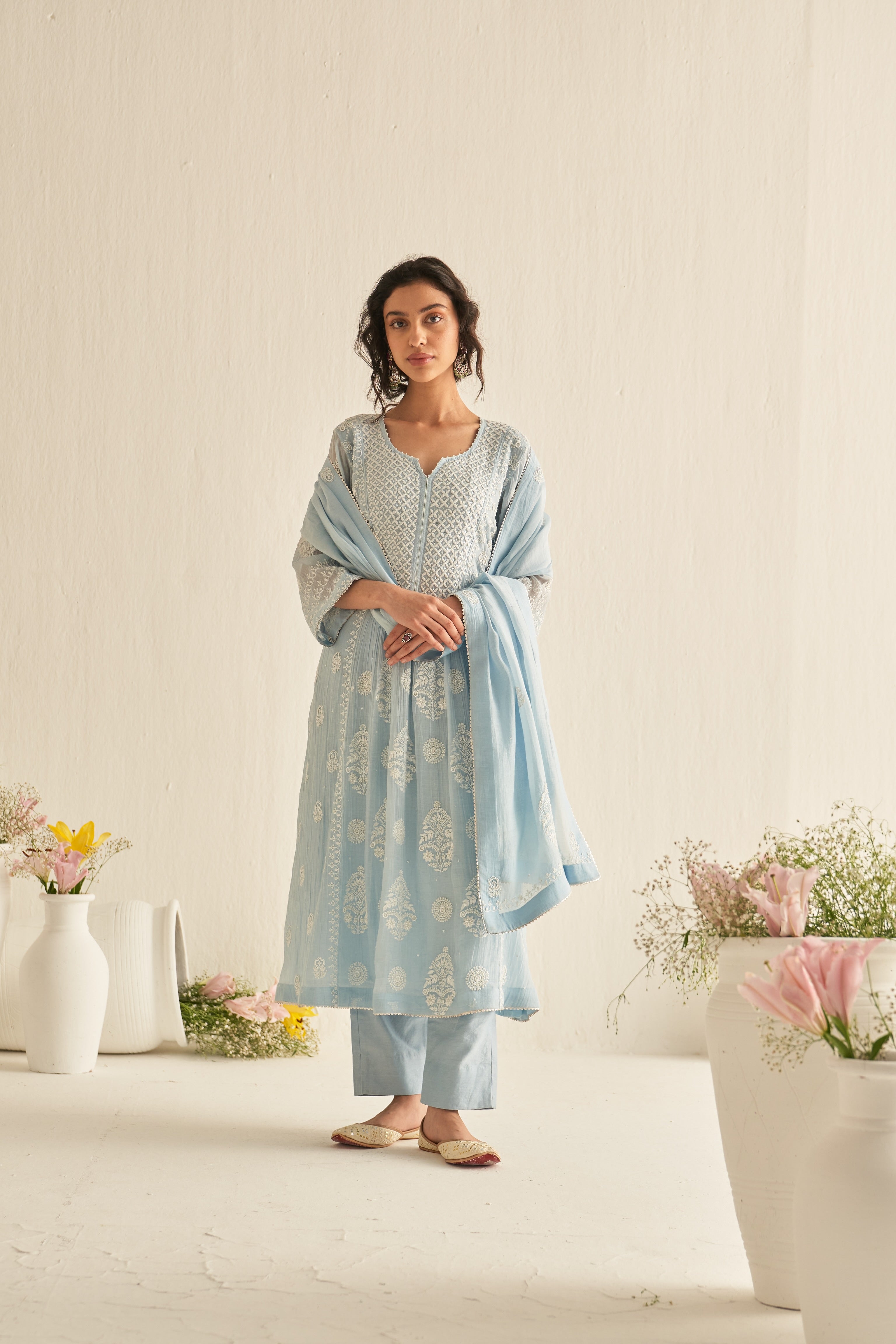 Light blue mul chanderi kurta set