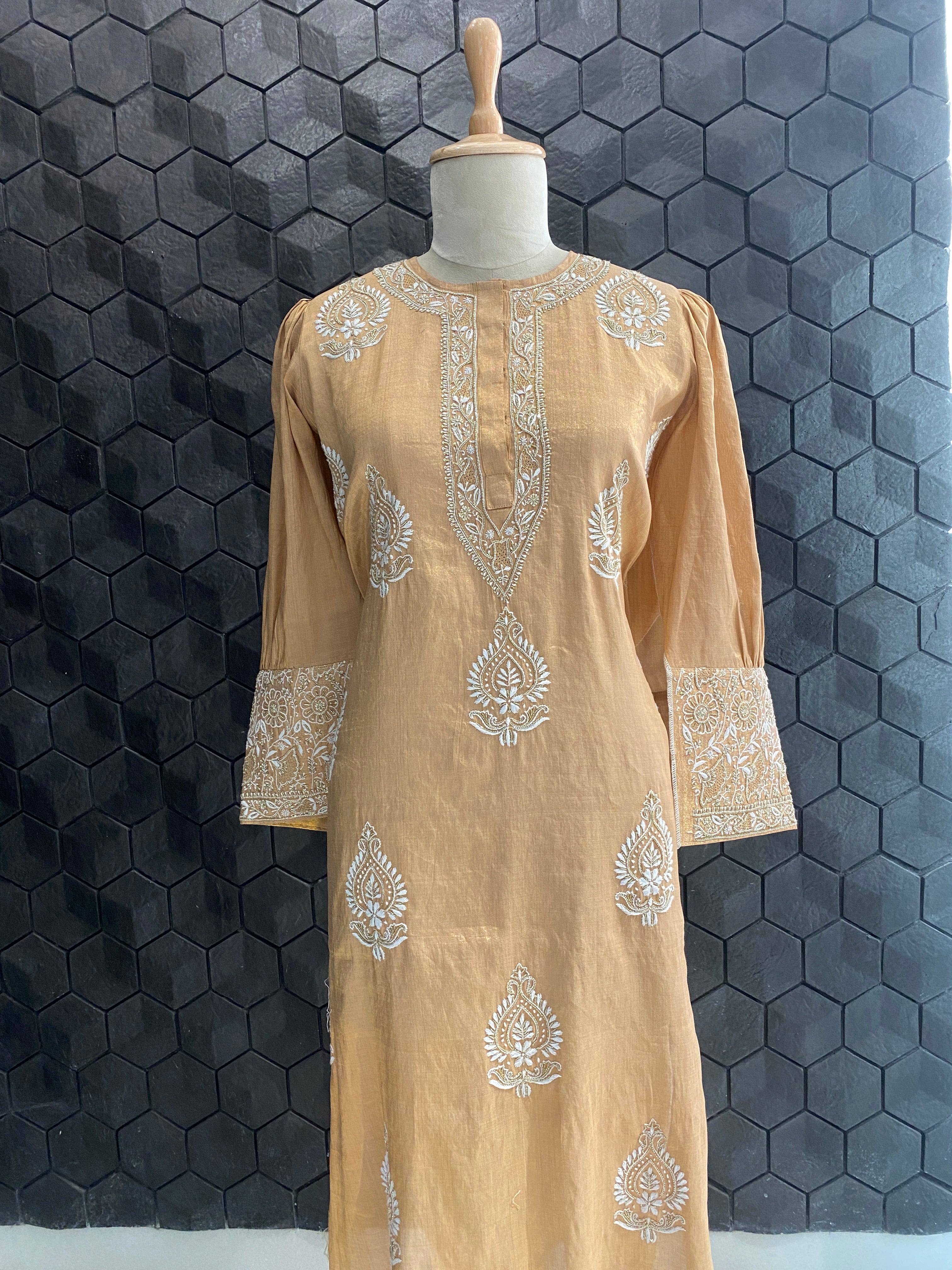Peach tissue chikankari kurta set