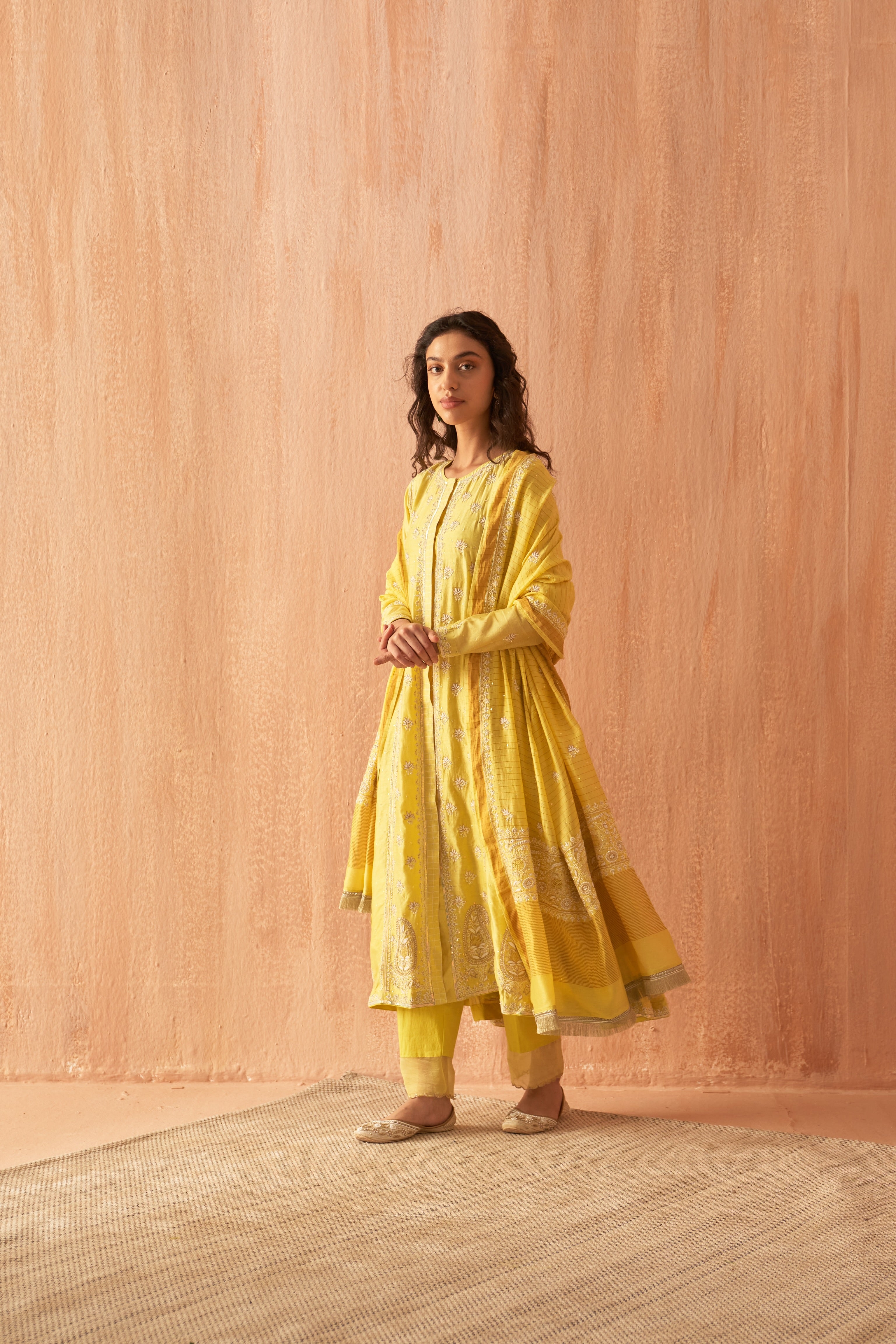 Yellow chanderi chikankari and zardozi Anarkali set