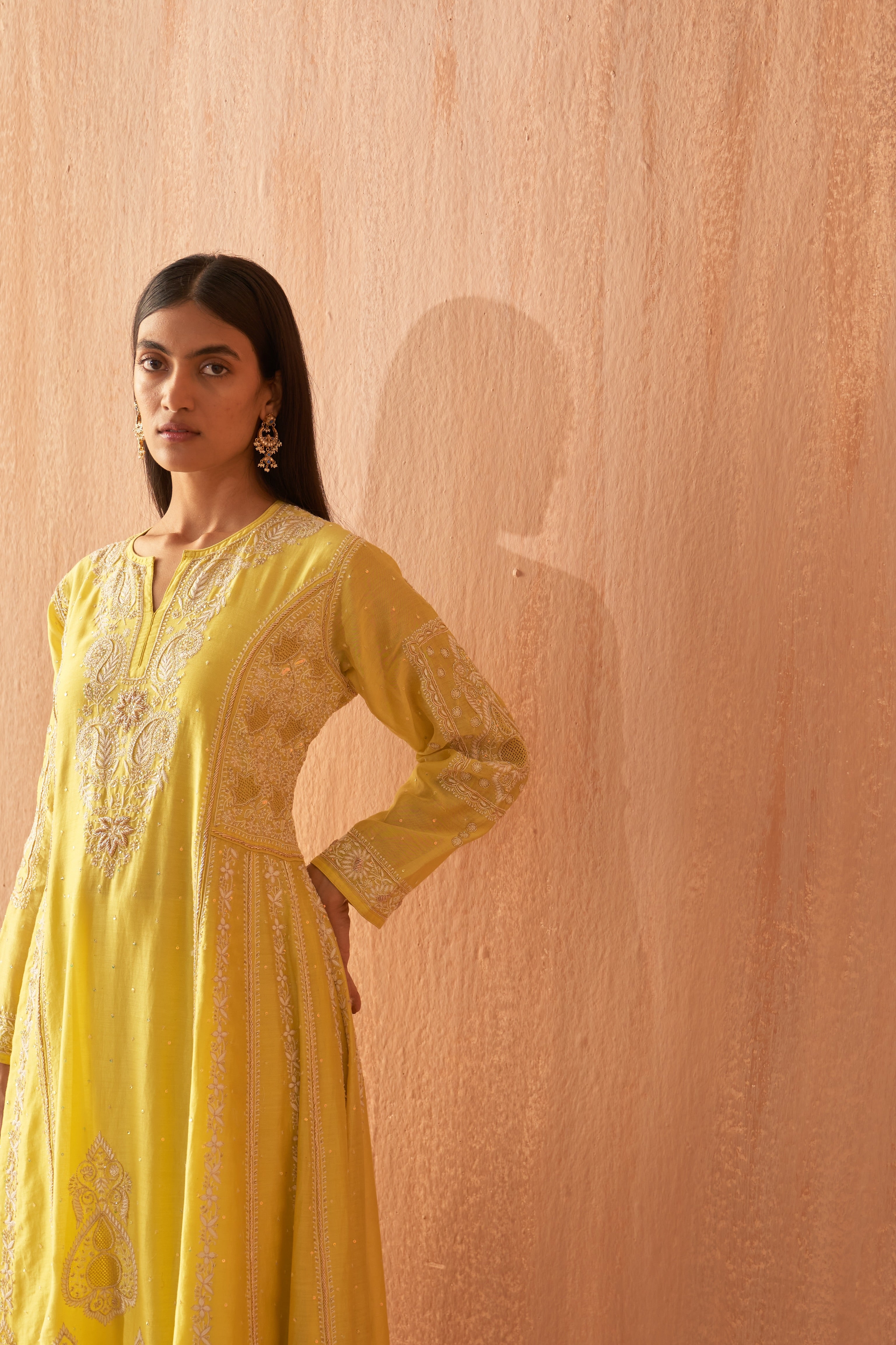 Yellow Chanderi Chikankari and Zardozi Anarkali set