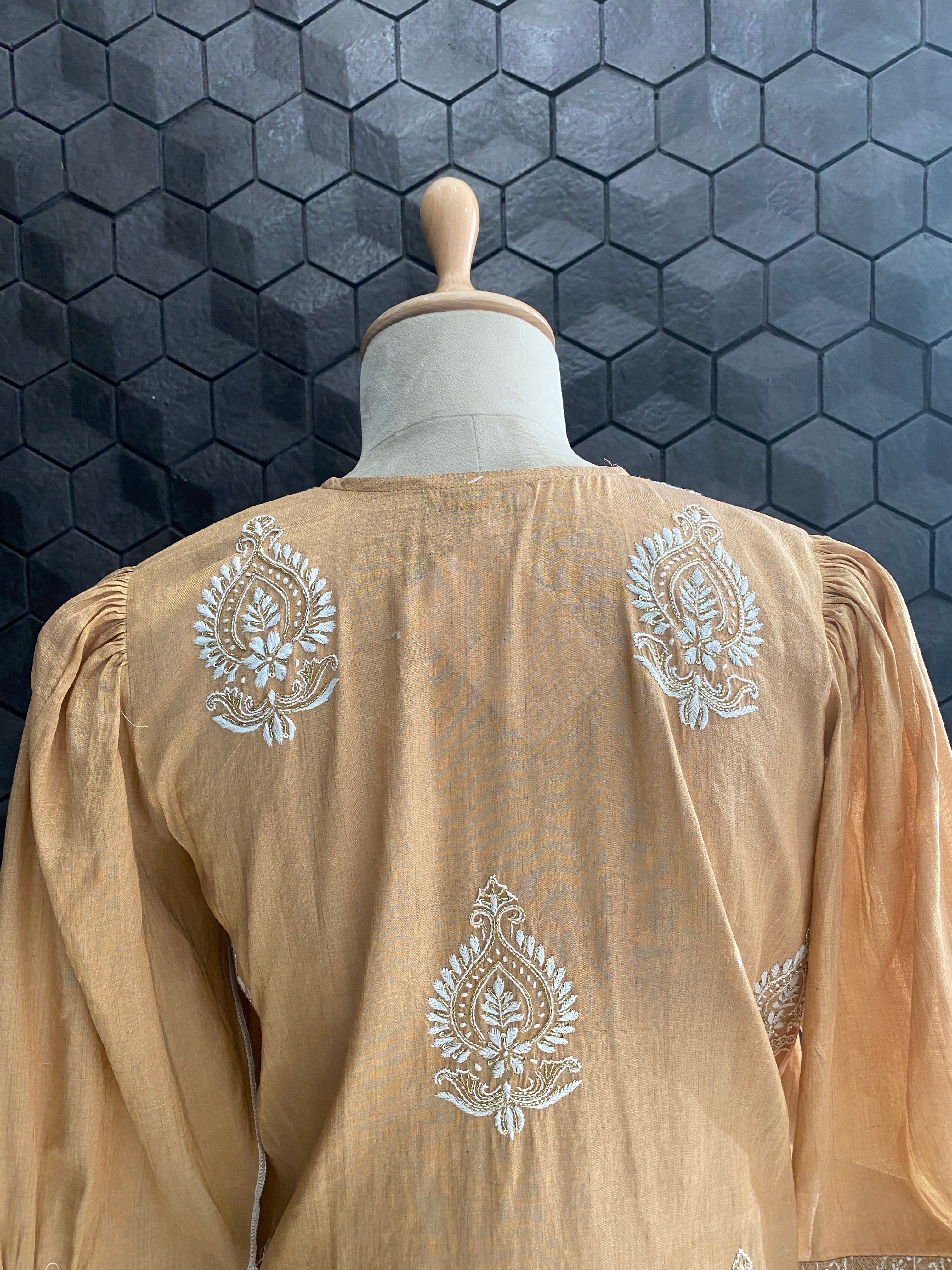 Peach tissue chikankari kurta set