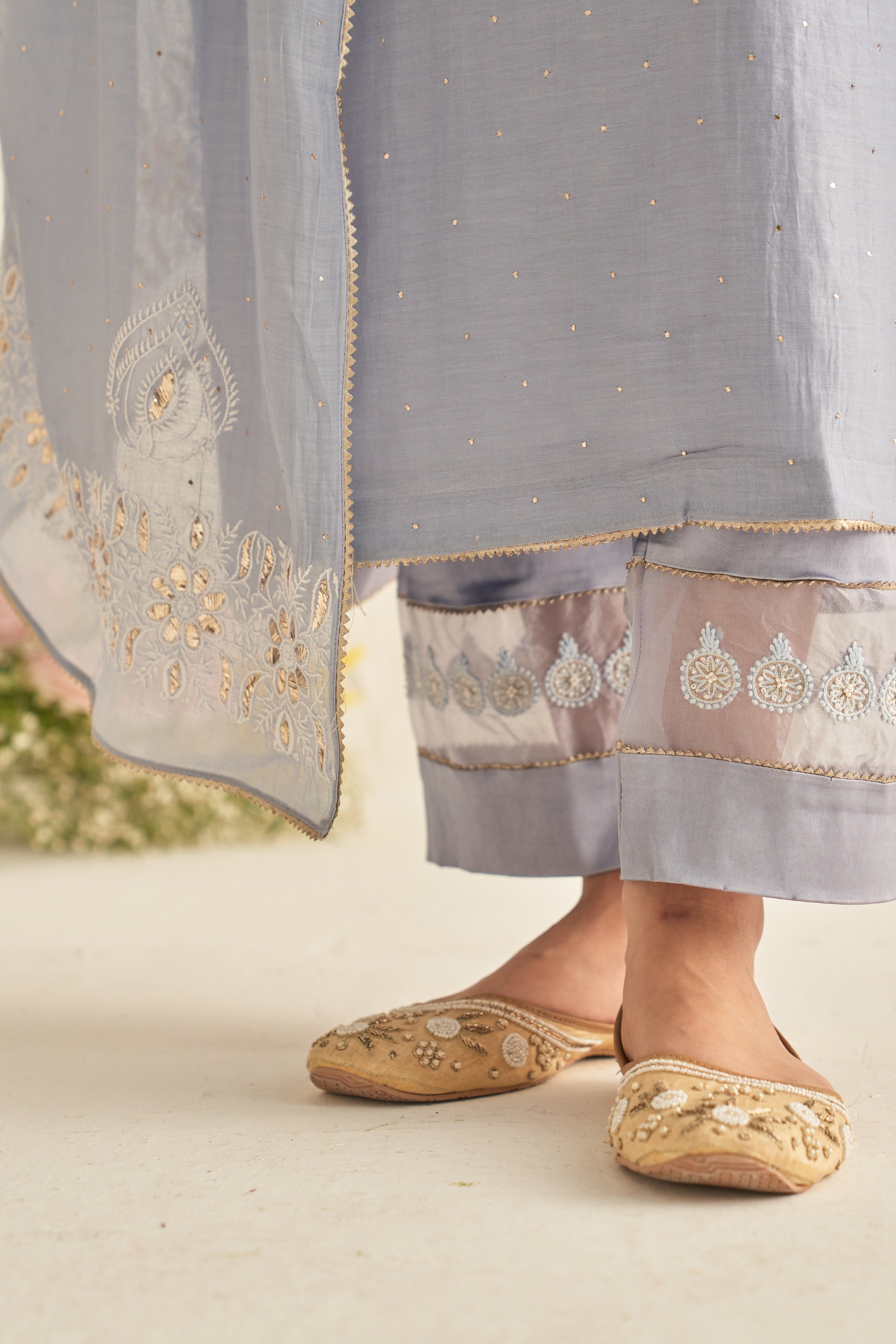 Ash blue mul chanderi mukaish and chikankari kurta set