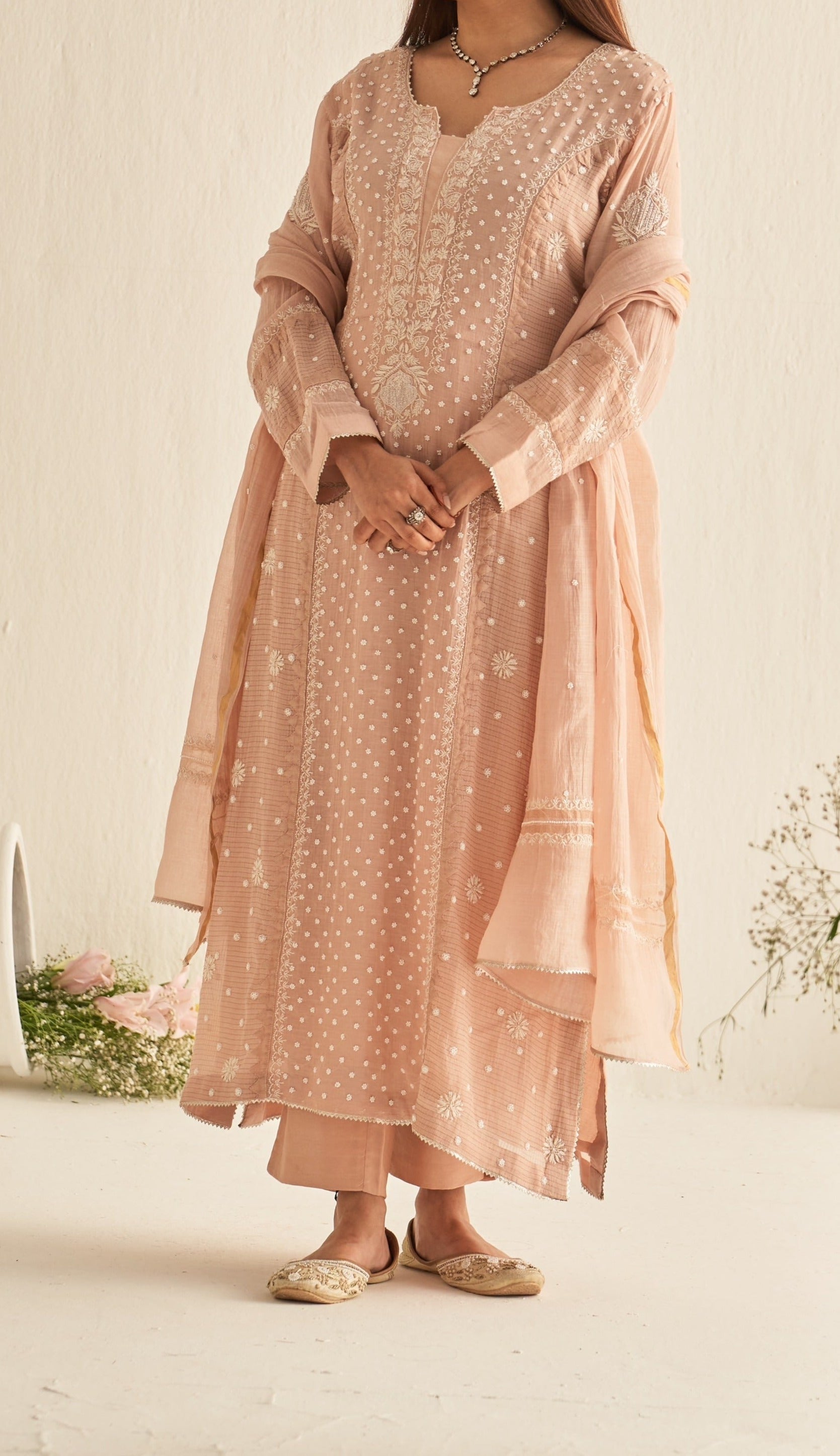 Blush pink chanderi Chikankari suit set