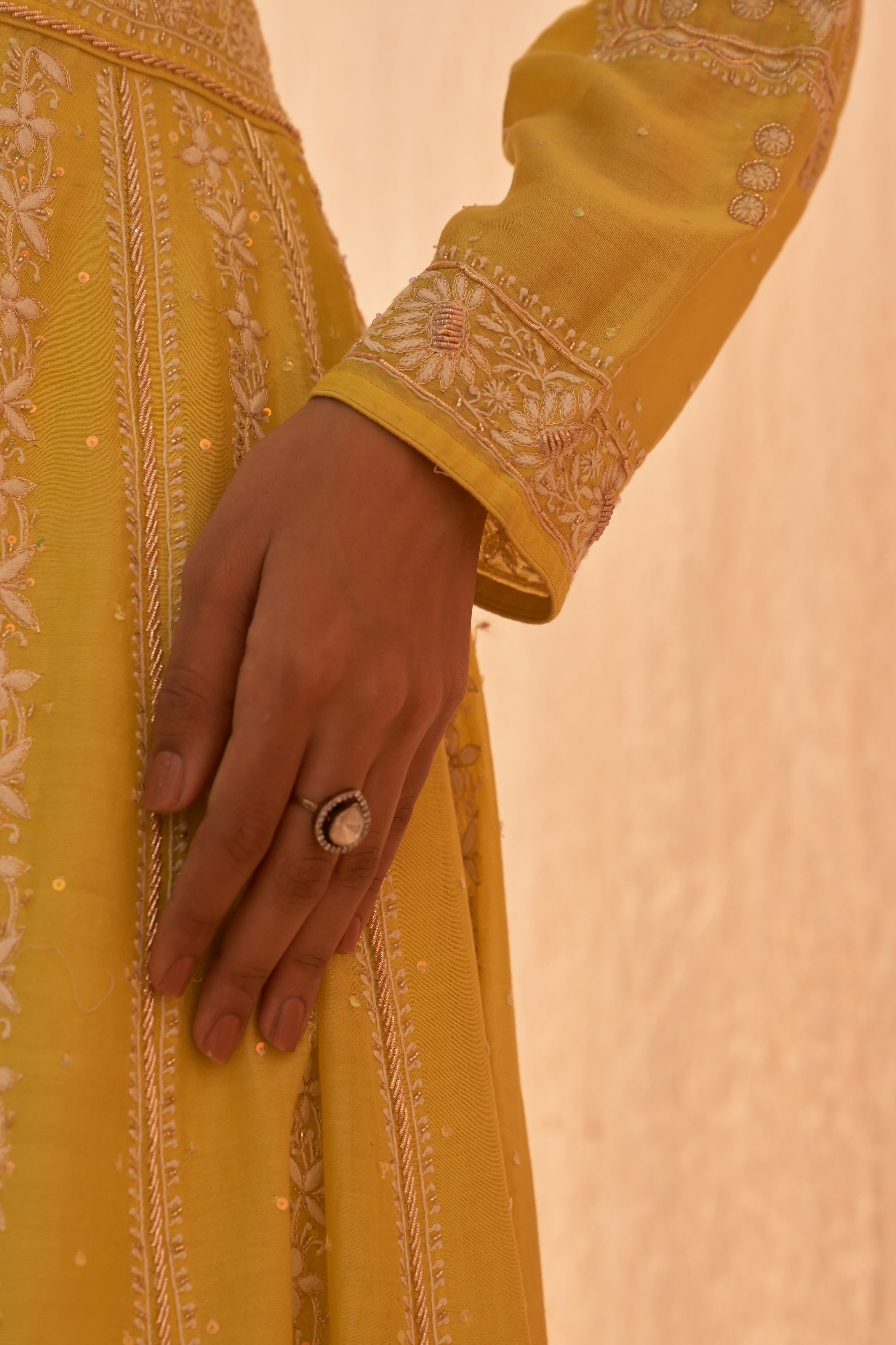 Yellow Chanderi Chikankari and Zardozi Anarkali set