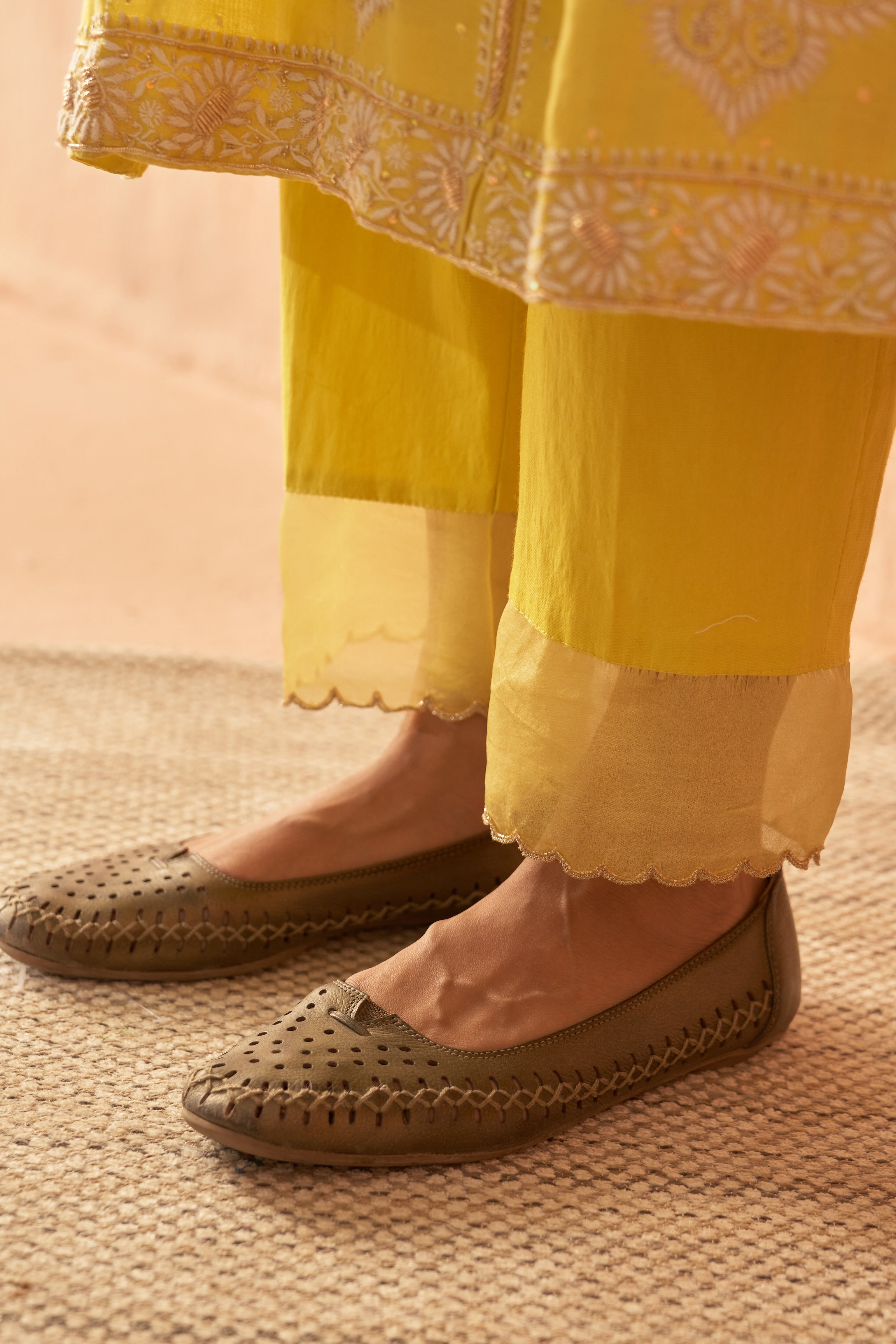 Yellow Chanderi Chikankari and Zardozi Anarkali set