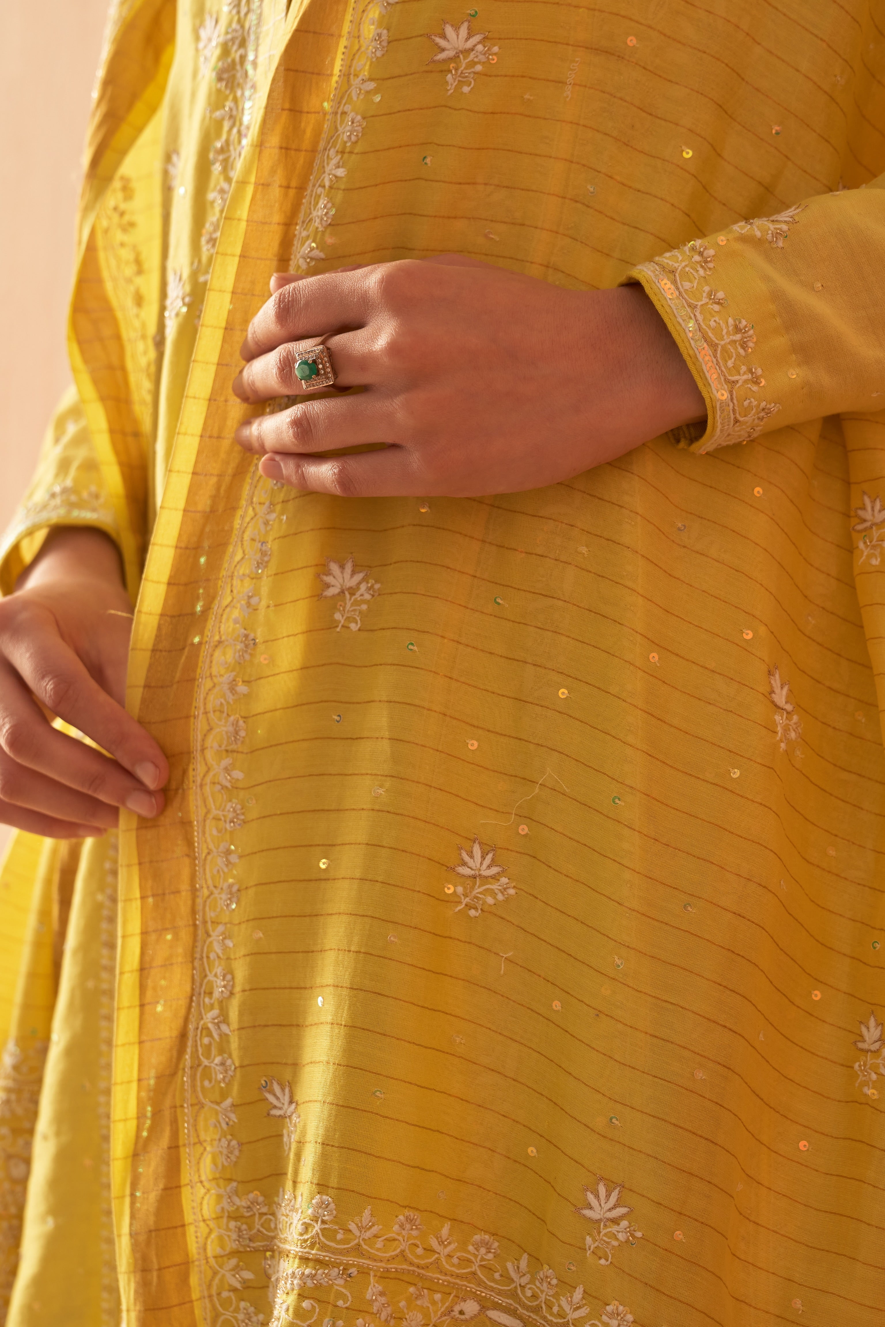 Yellow chanderi chikankari and zardozi Anarkali set