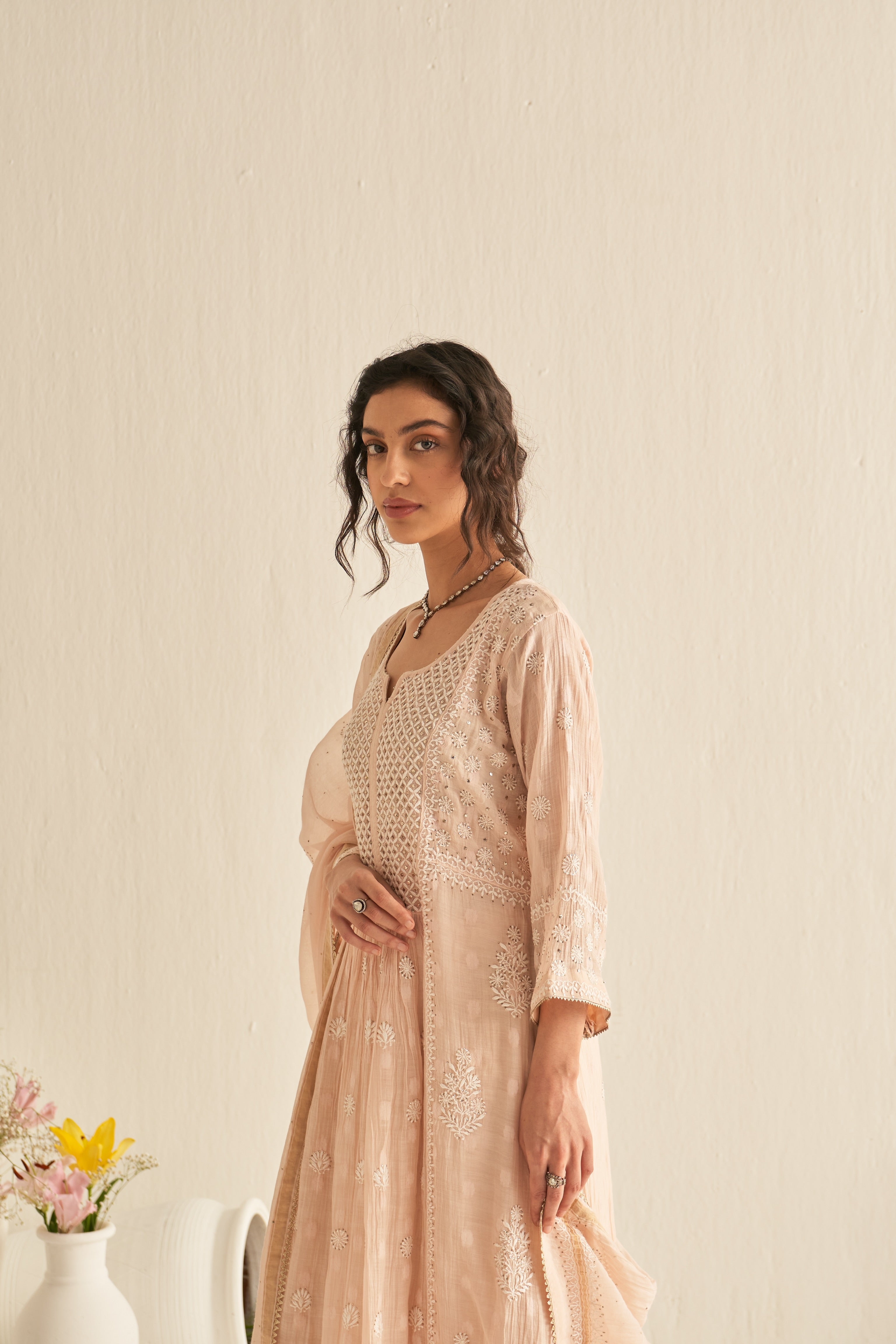Peach mul chanderi with jacquard weaving kurta set