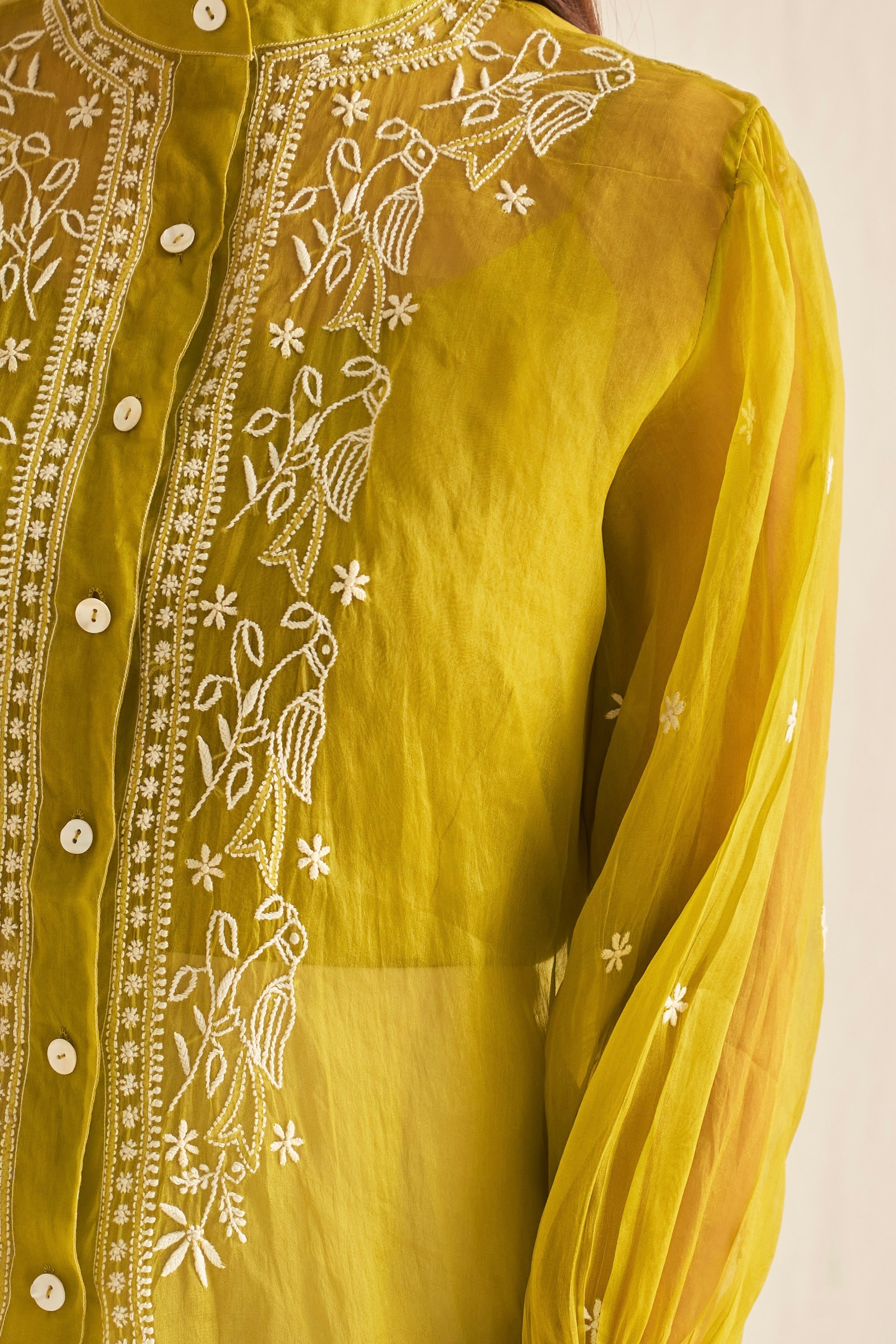 Lime green organza shirt with chikankari