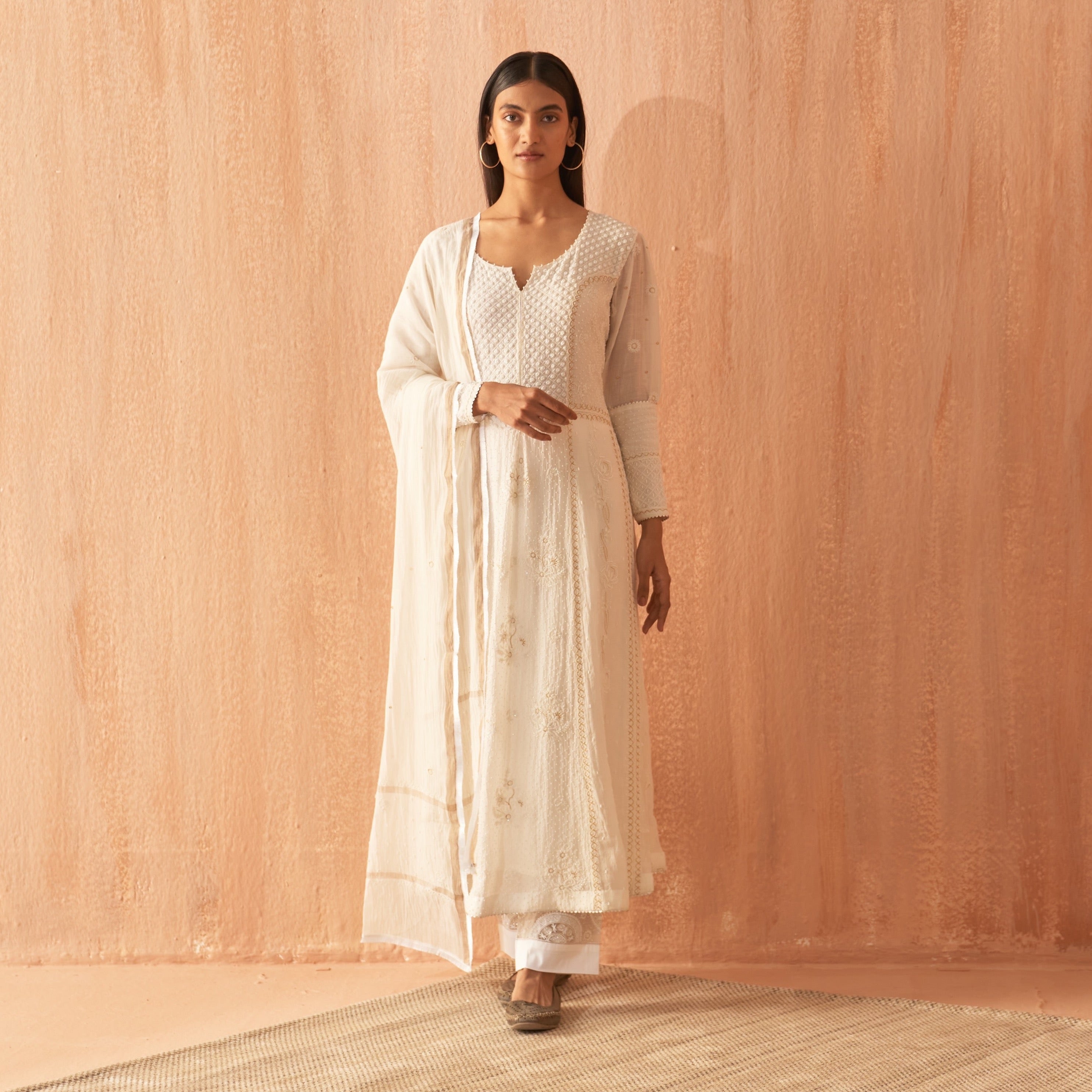 White Chanderi Chikankari Anarkali set with Pearl highlights