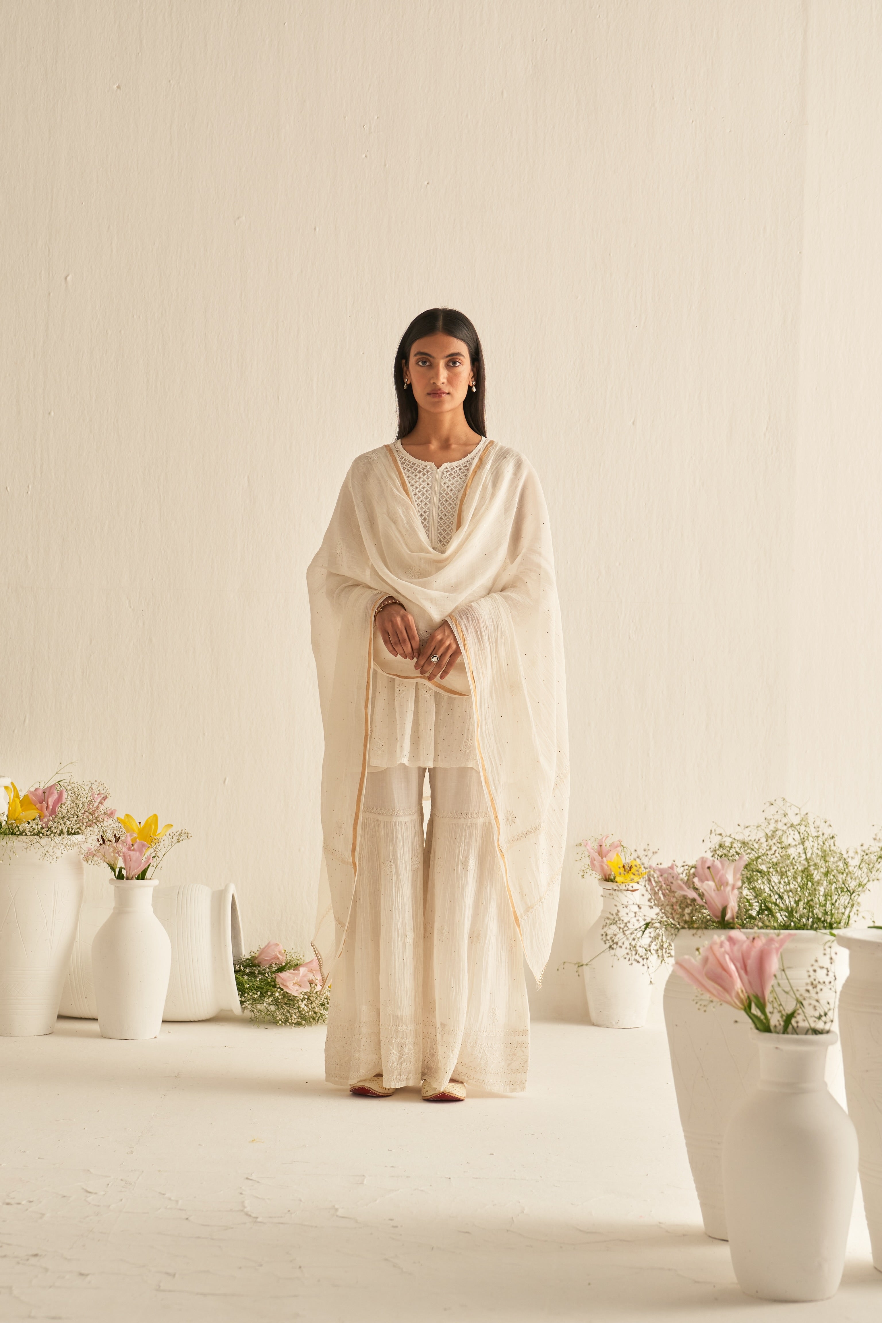 White mul chanderi with mukaish sharara set