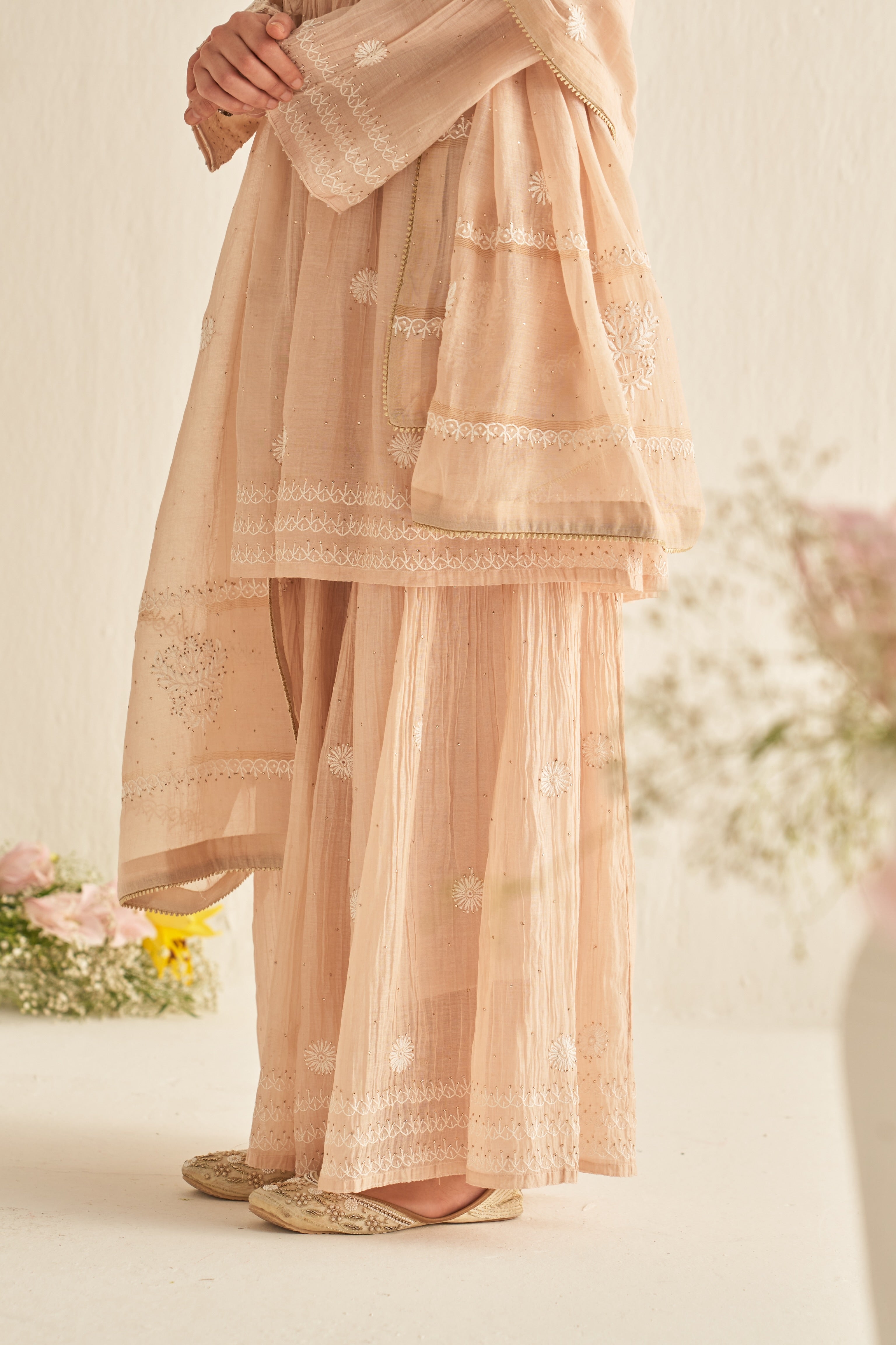 Peach mul chanderi mukaish and chikankari sharara set