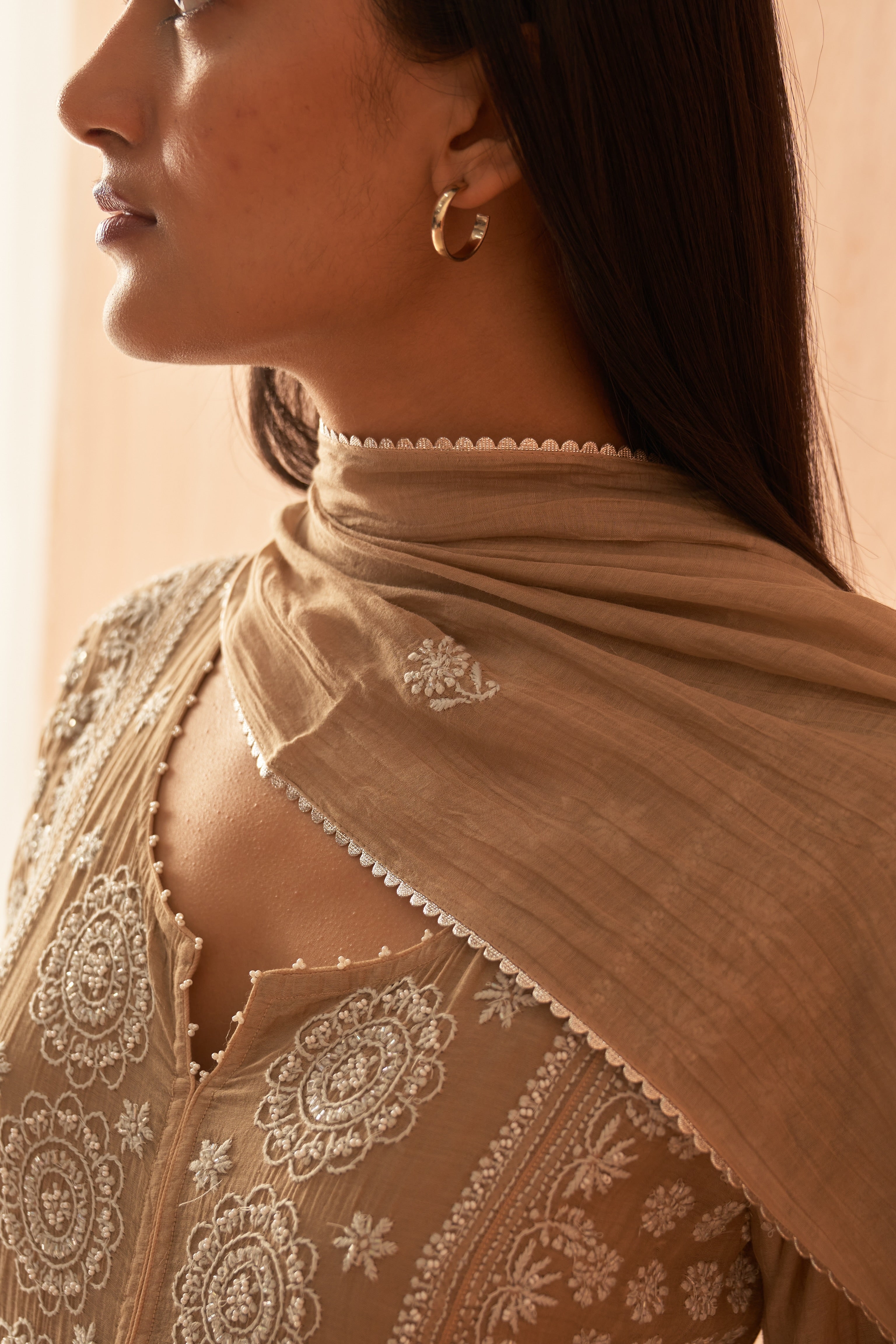 Brown Mul Chanderi Anarkali Set with Pearl and Chikankari Embroidery