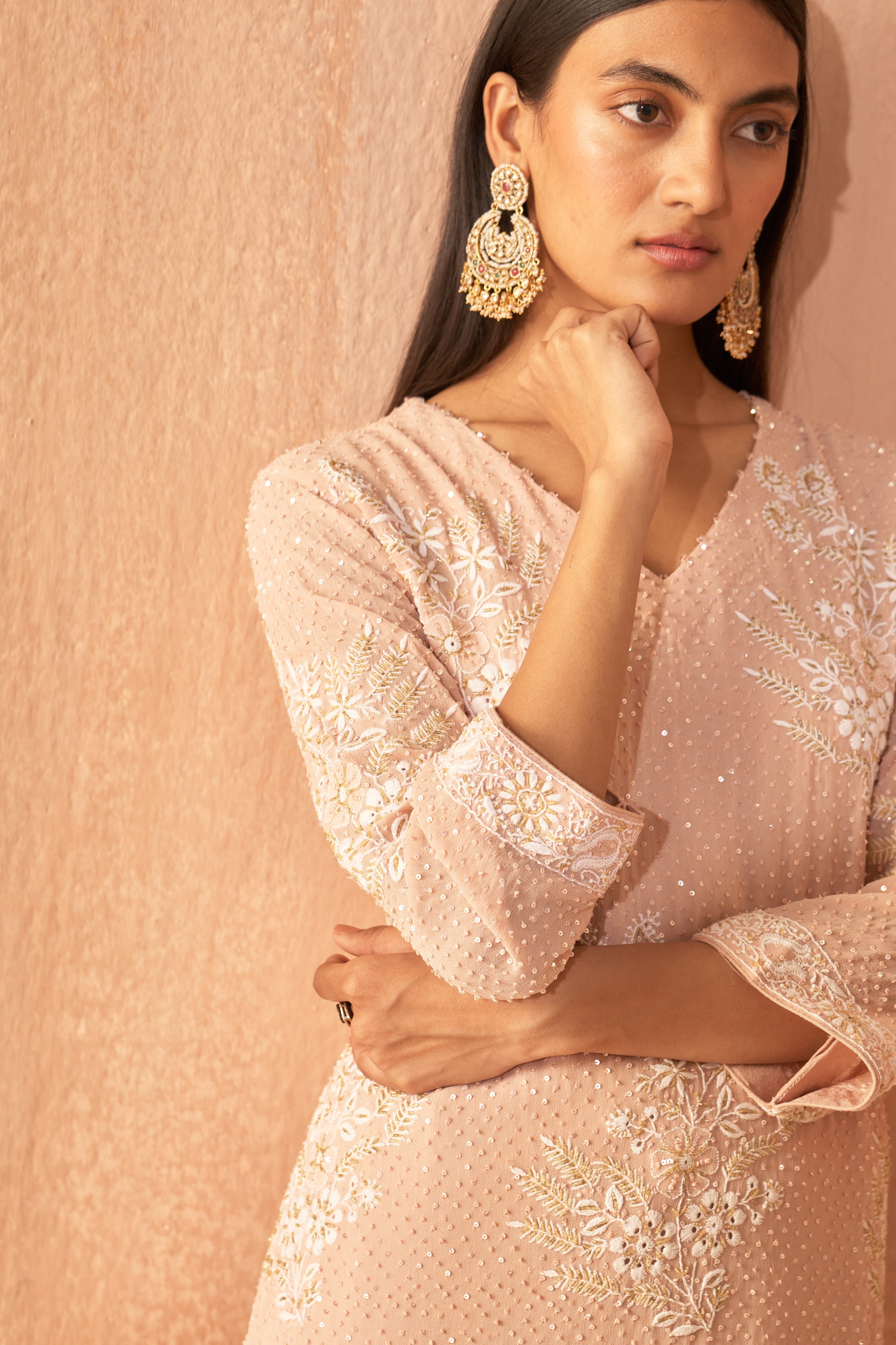 Gul Pink Georgette Chikankari kurta set with statement floral bootas