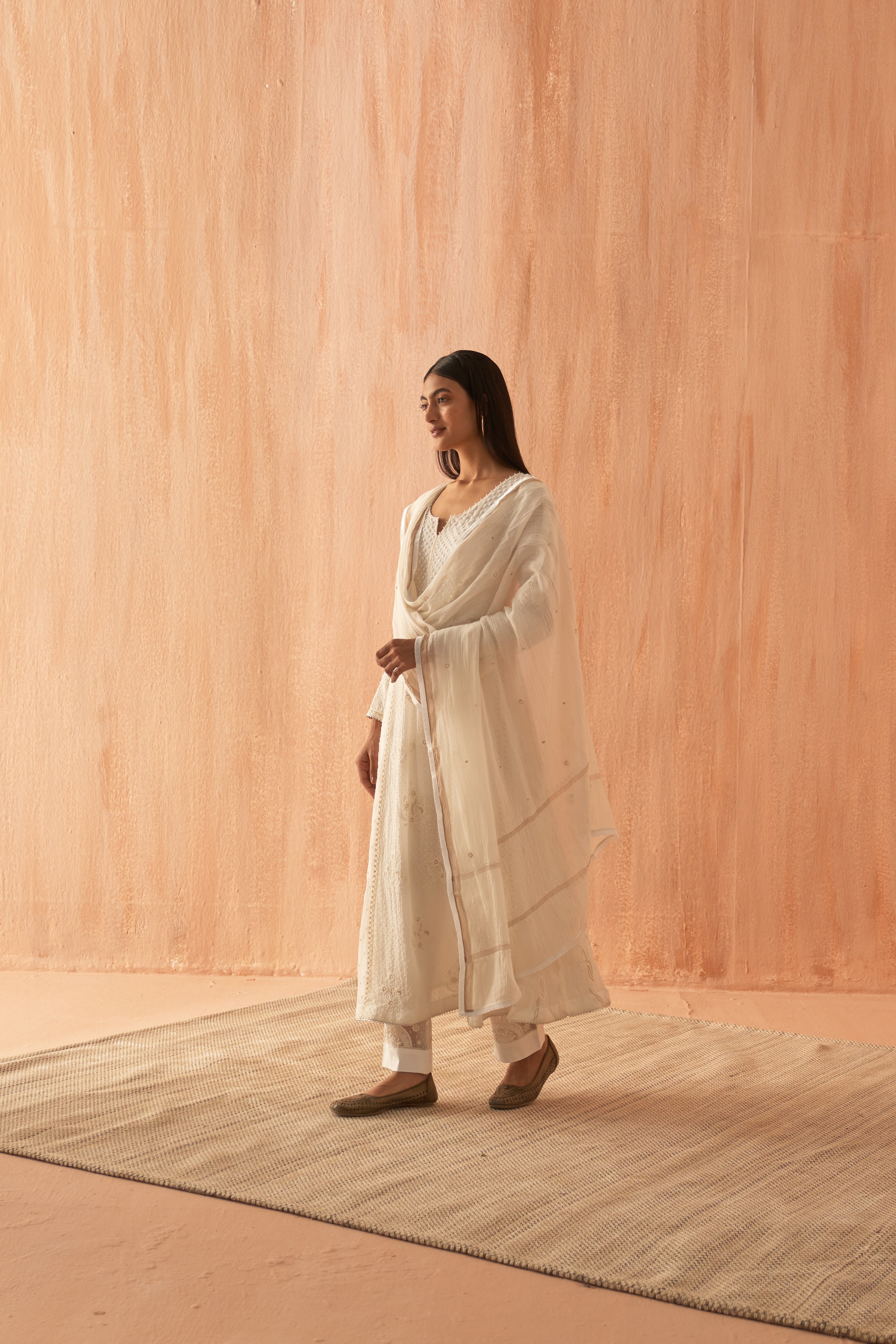 White Chanderi Chikankari Anarkali set with Pearl highlights