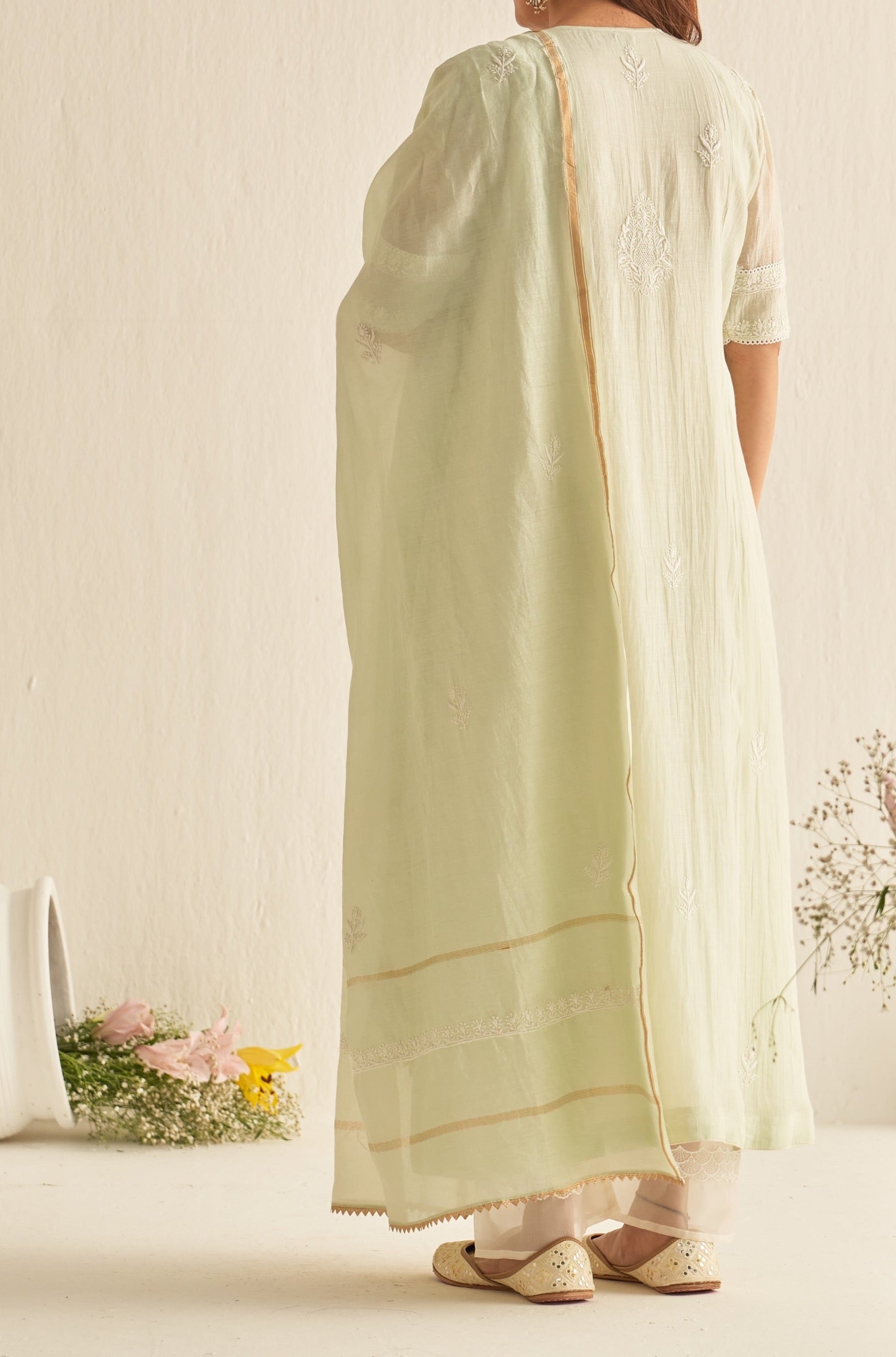 Light green Mulmul chikankari kurta set