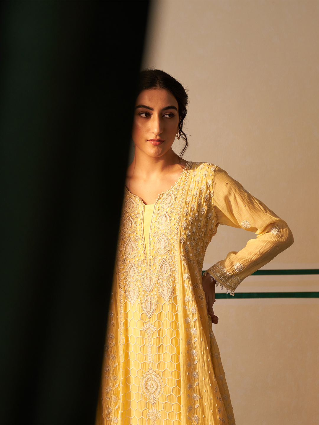 Yellow Chanderi Honeycomb Anarkali with heavy front and back work
