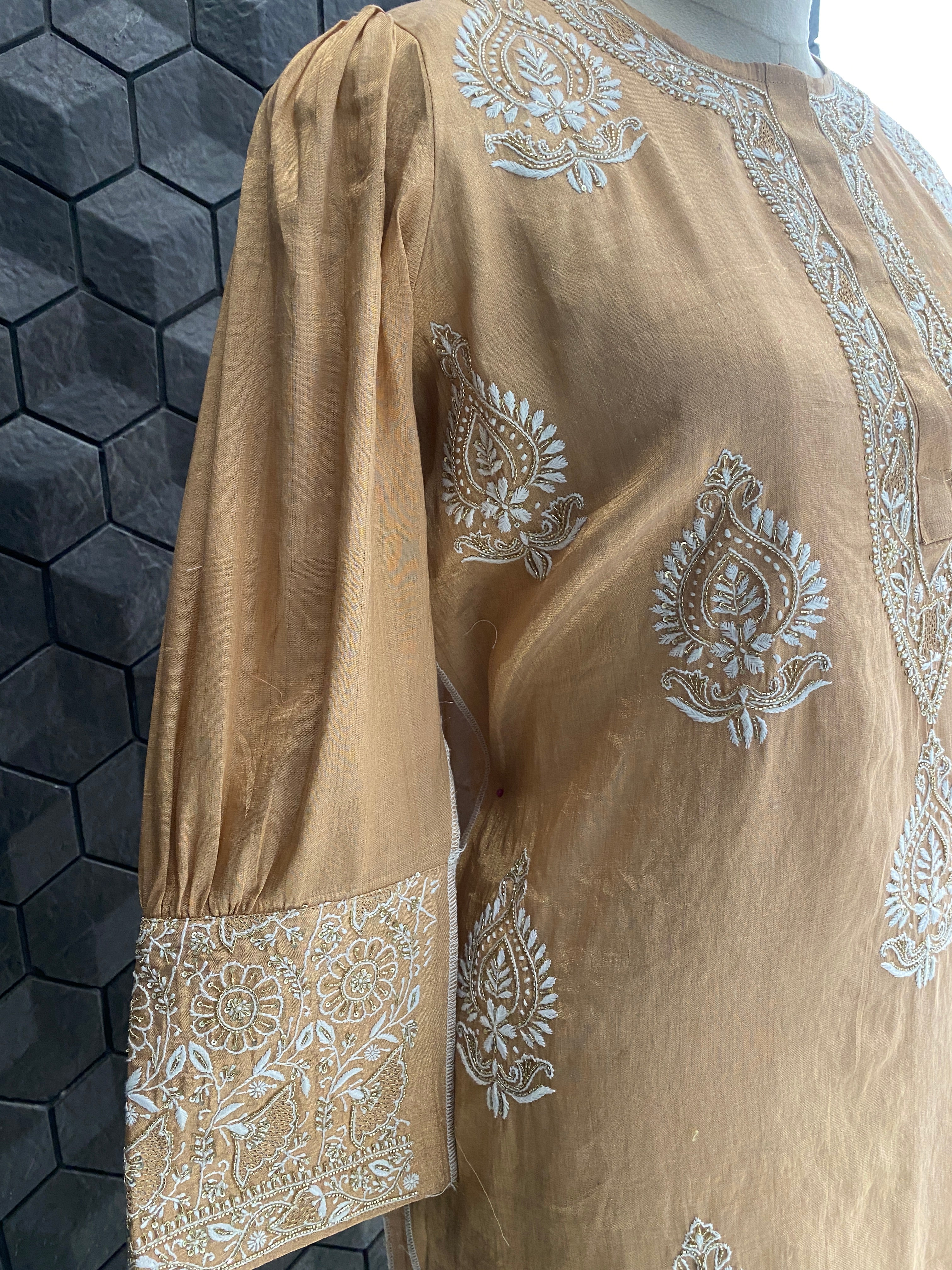 Peach tissue chikankari kurta set