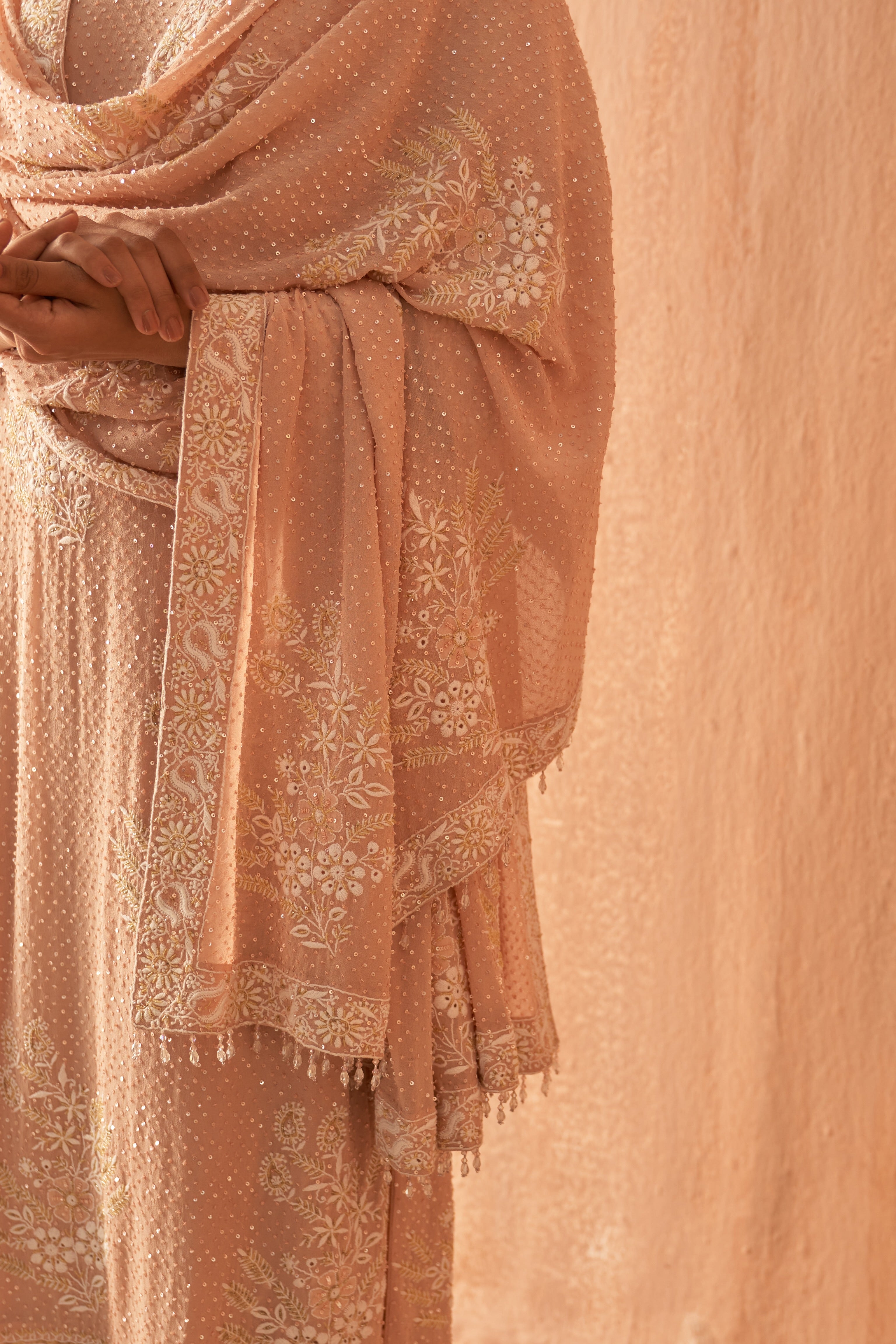 Gul Pink Georgette Chikankari kurta set with statement floral bootas