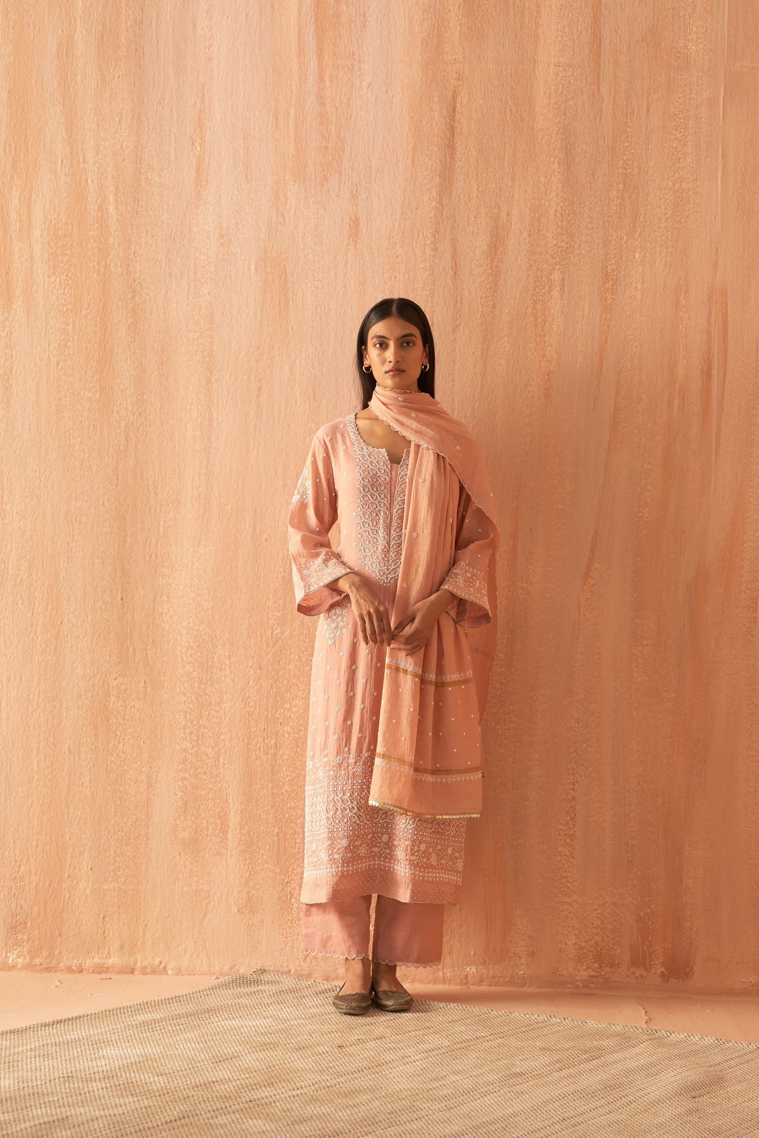 Pink Tissue Pearl Chikankari Embroidered Kurta Set