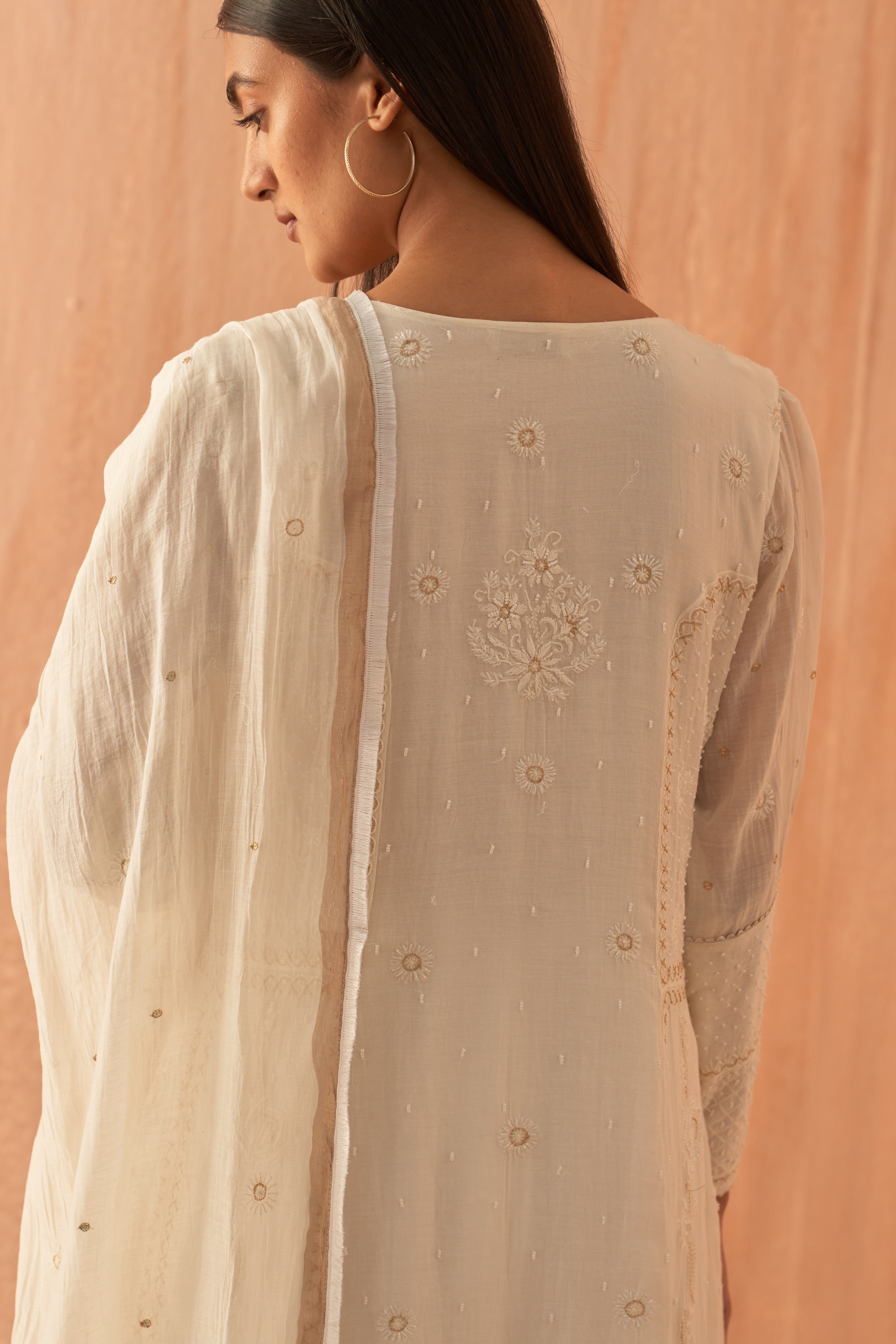 White Chanderi Chikankari Anarkali set with Pearl highlights