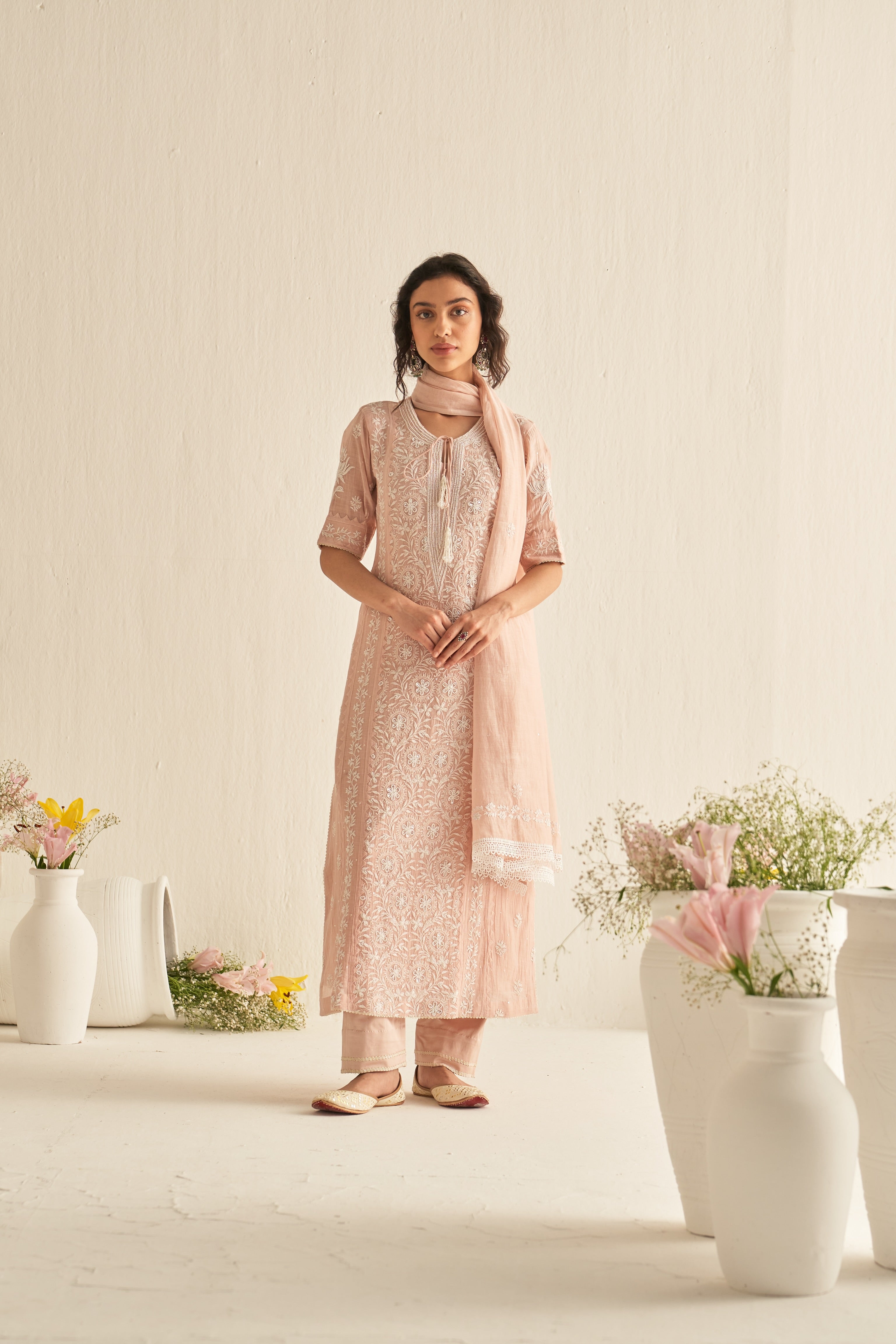 Peach chanderi chikankari kurta set