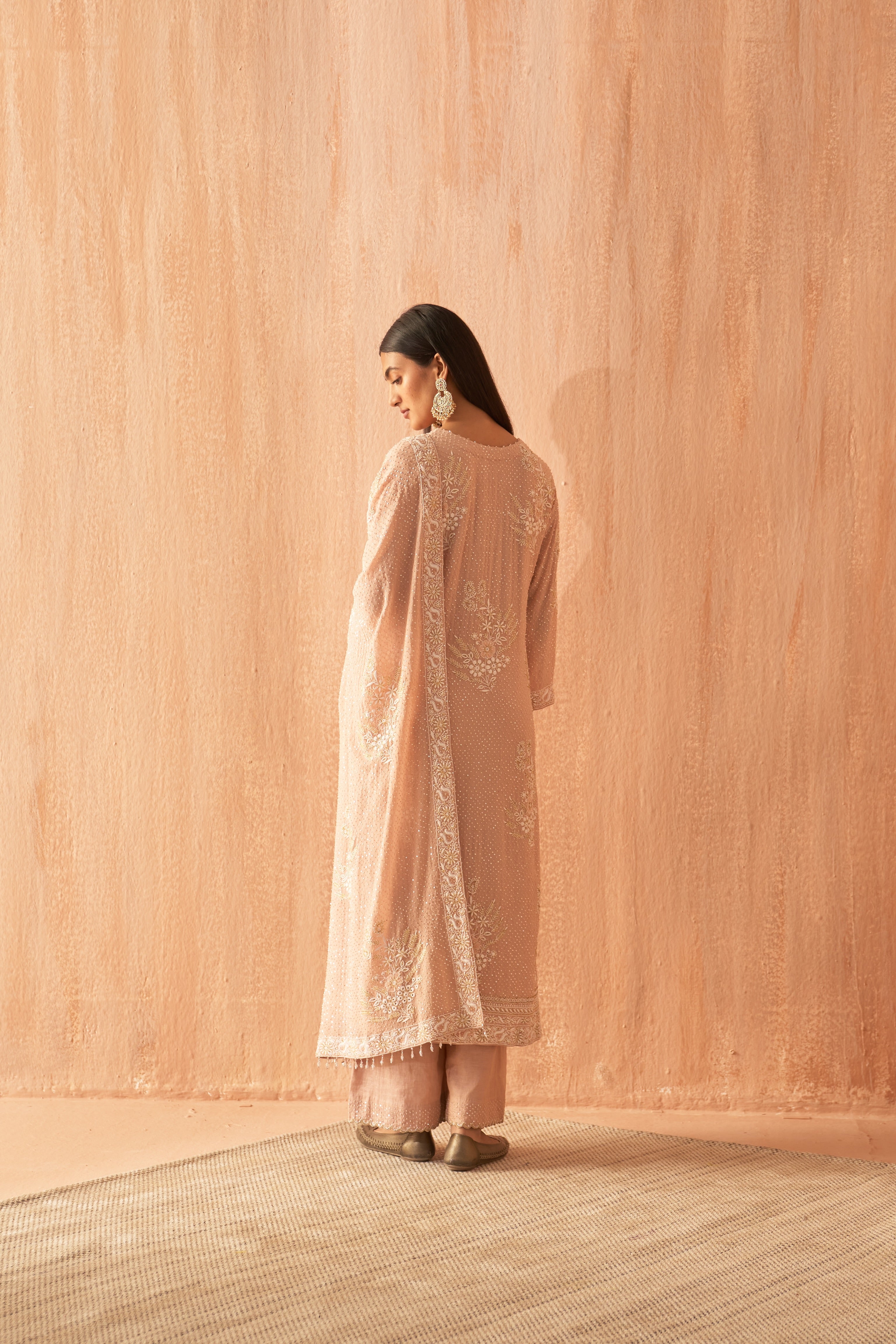 Gul Pink Georgette Chikankari kurta set with statement floral bootas