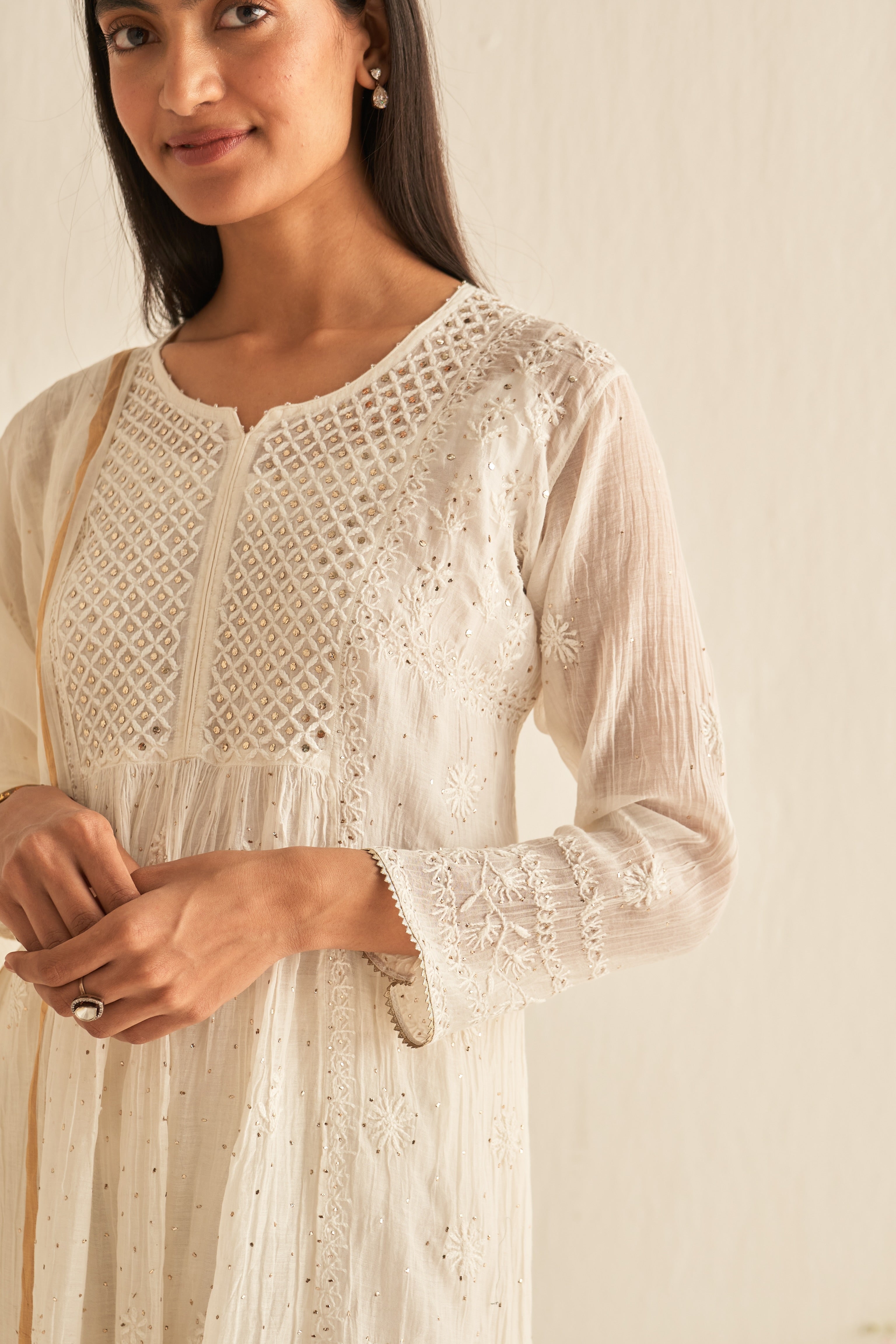 White mul chanderi with mukaish sharara set