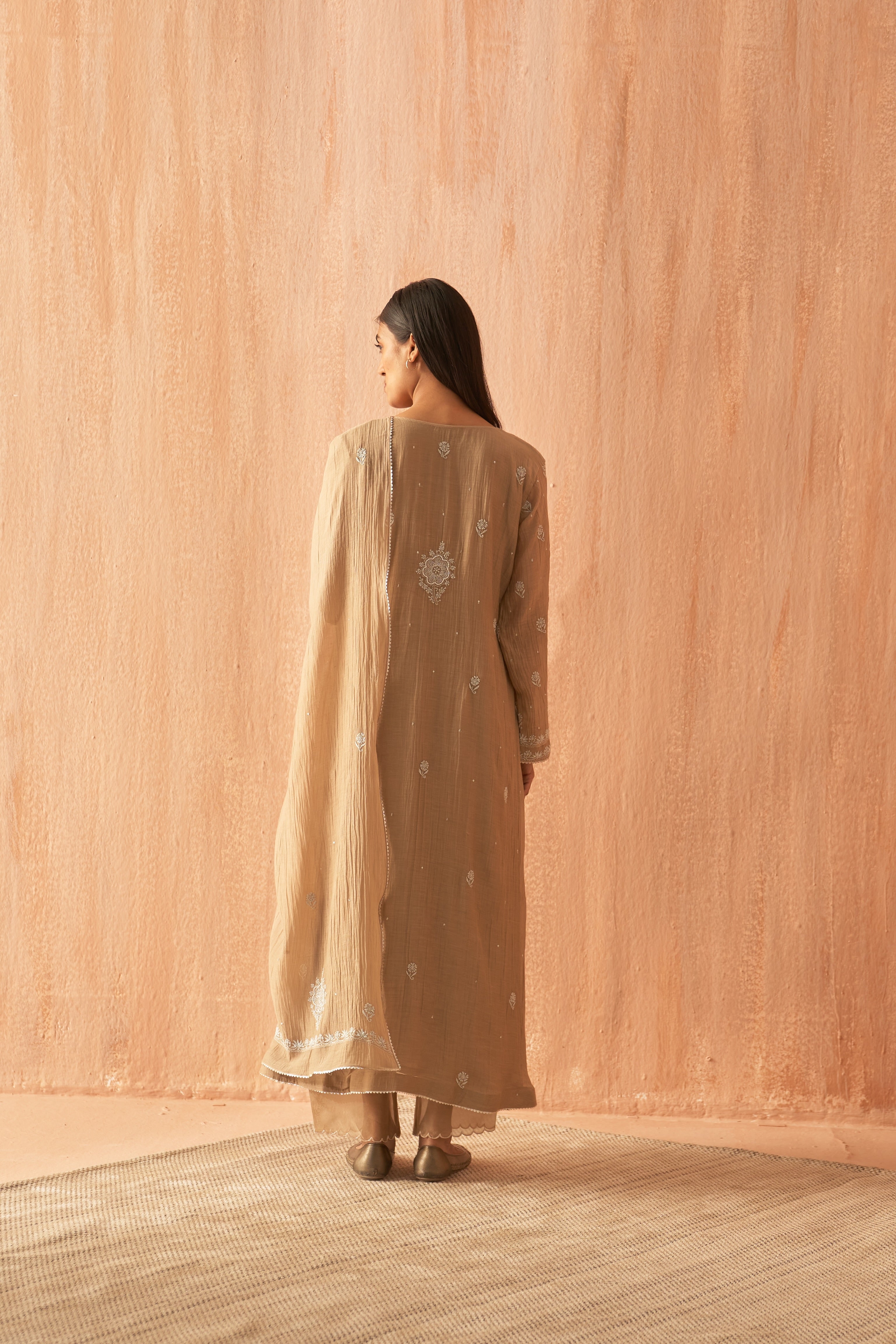 Brown Mul Chanderi Anarkali Set with Pearl and Chikankari Embroidery