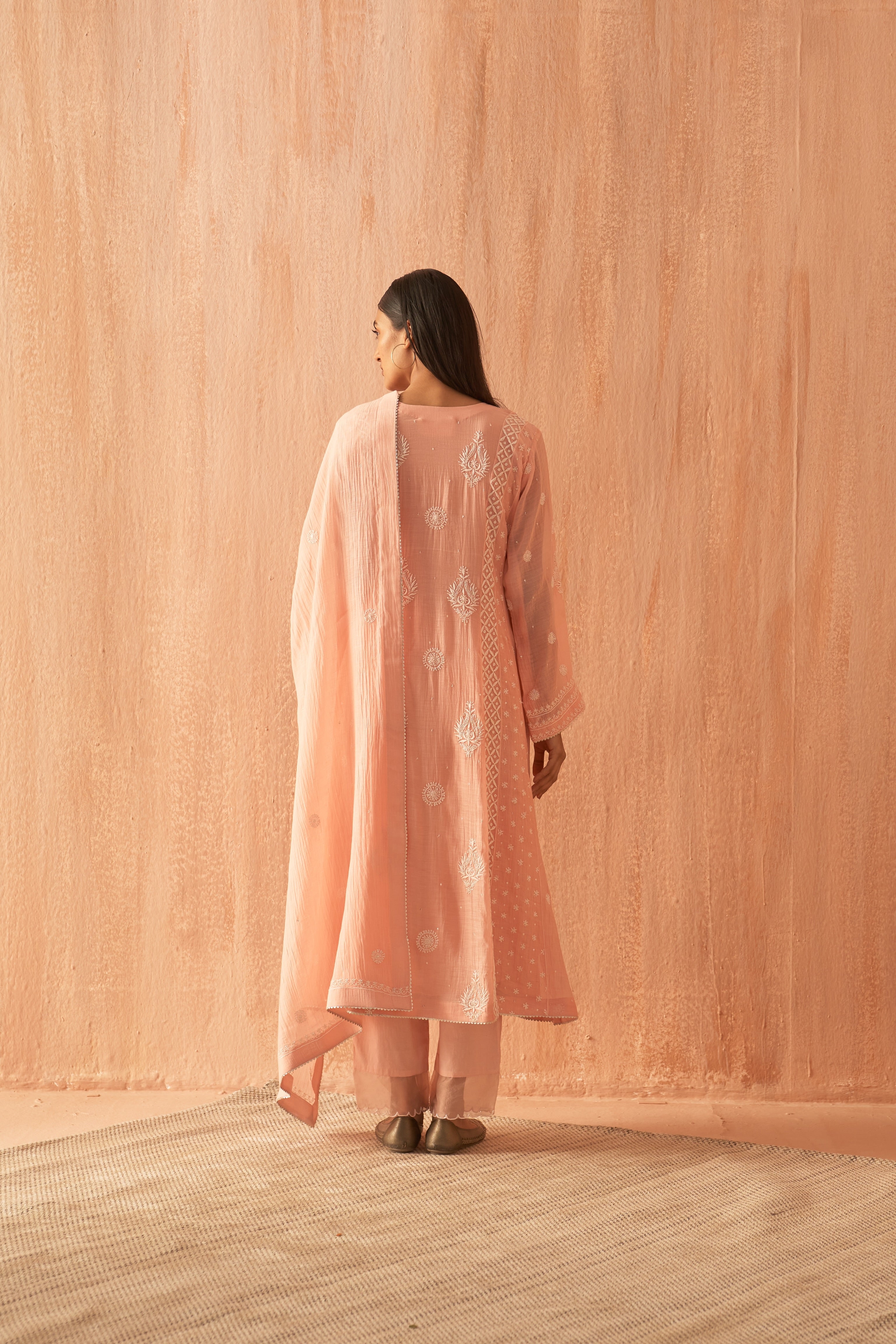 Peach soft Chanderi Heavy Chikankari Kurta Set