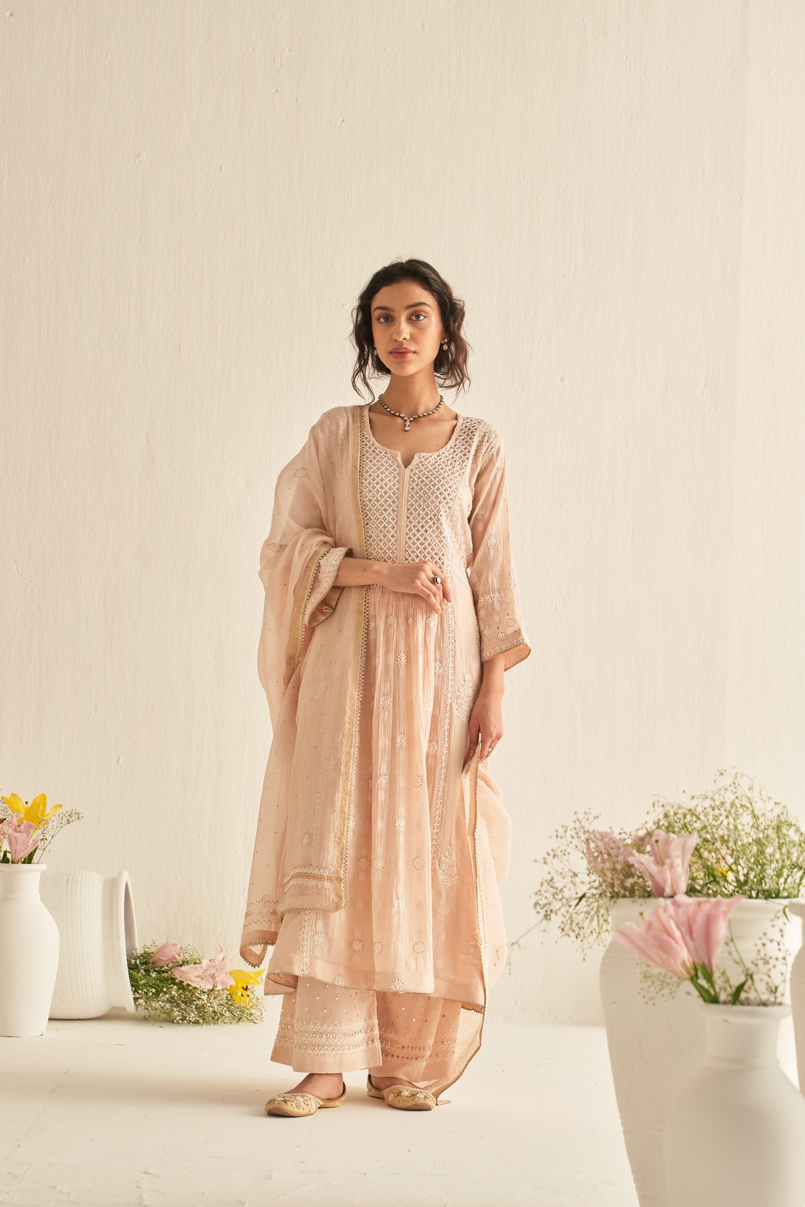 Peach mul chanderi with jacquard weaving kurta set