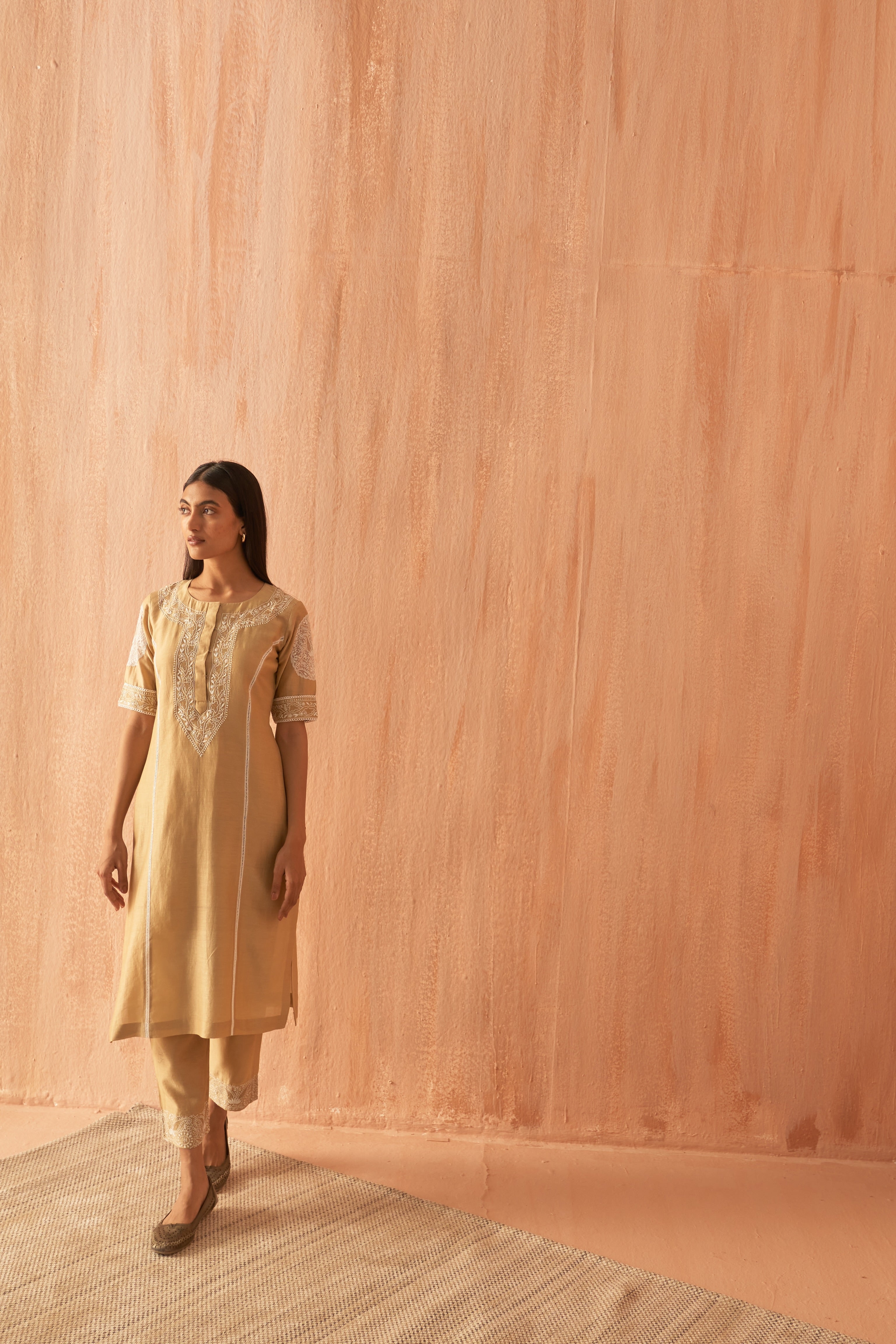 Gold chanderi chikankari Co-ord sets