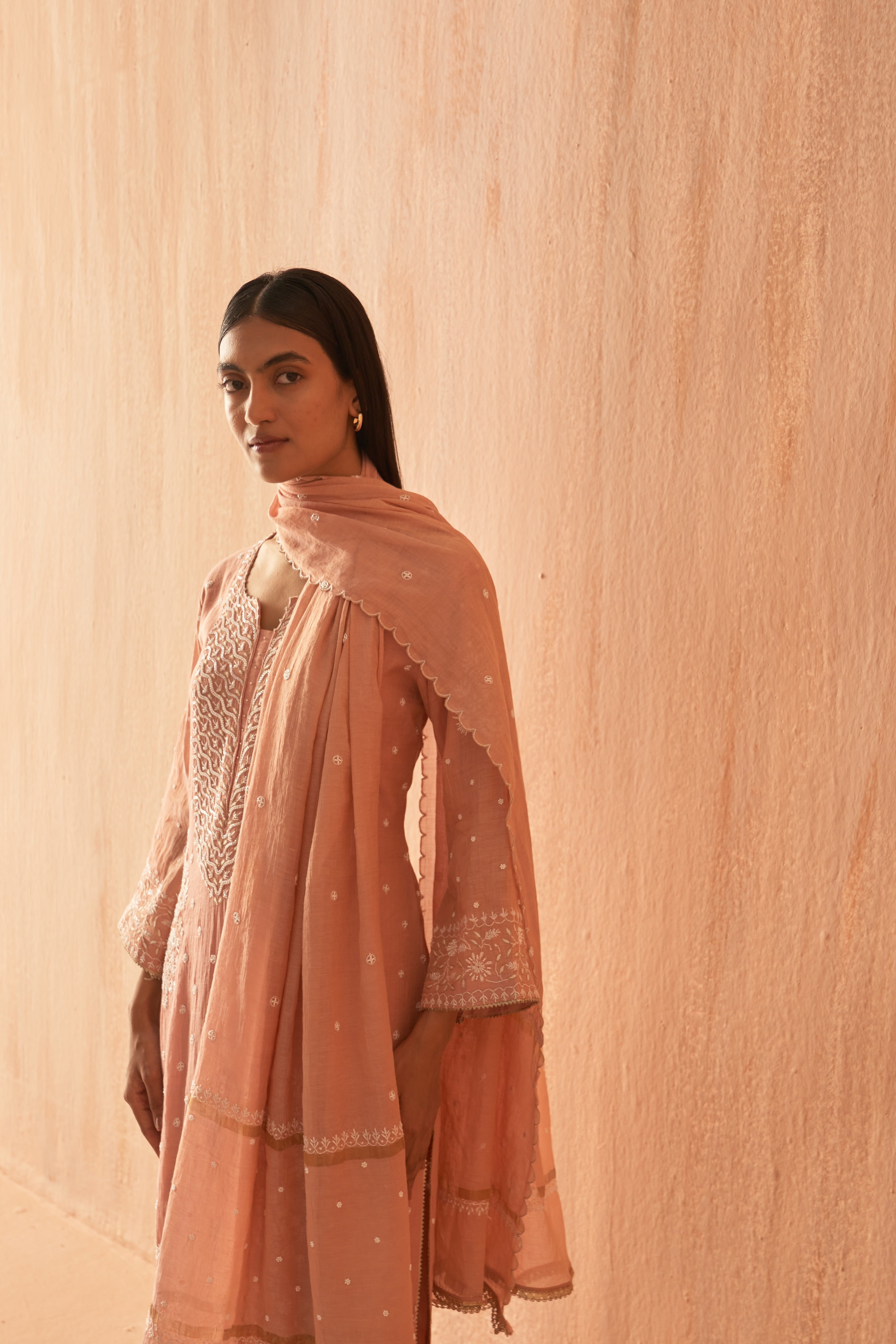 Pink Tissue Pearl Chikankari Embroidered Kurta Set
