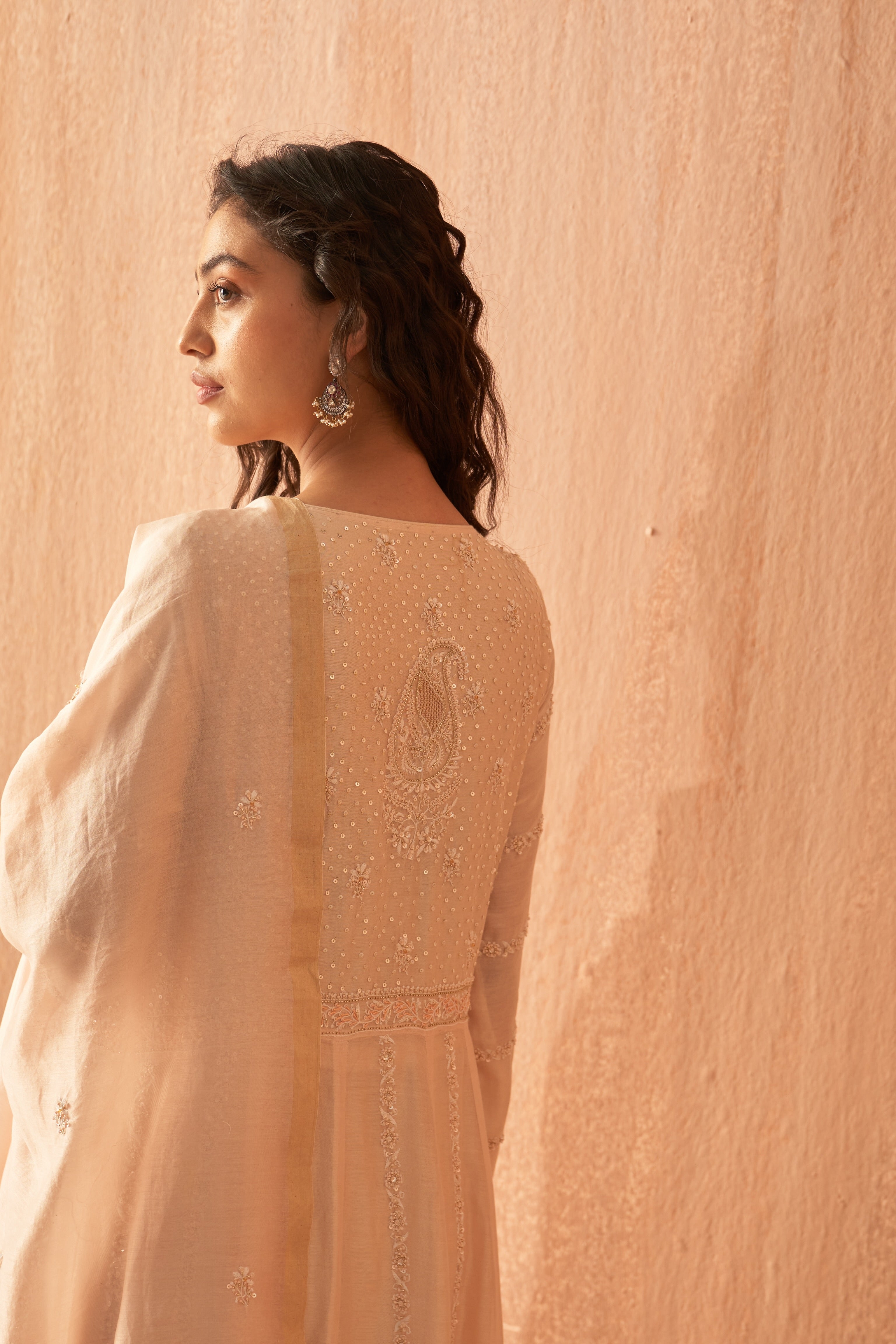 Peach Chanderi Anarkali set with Zari and Chikankari