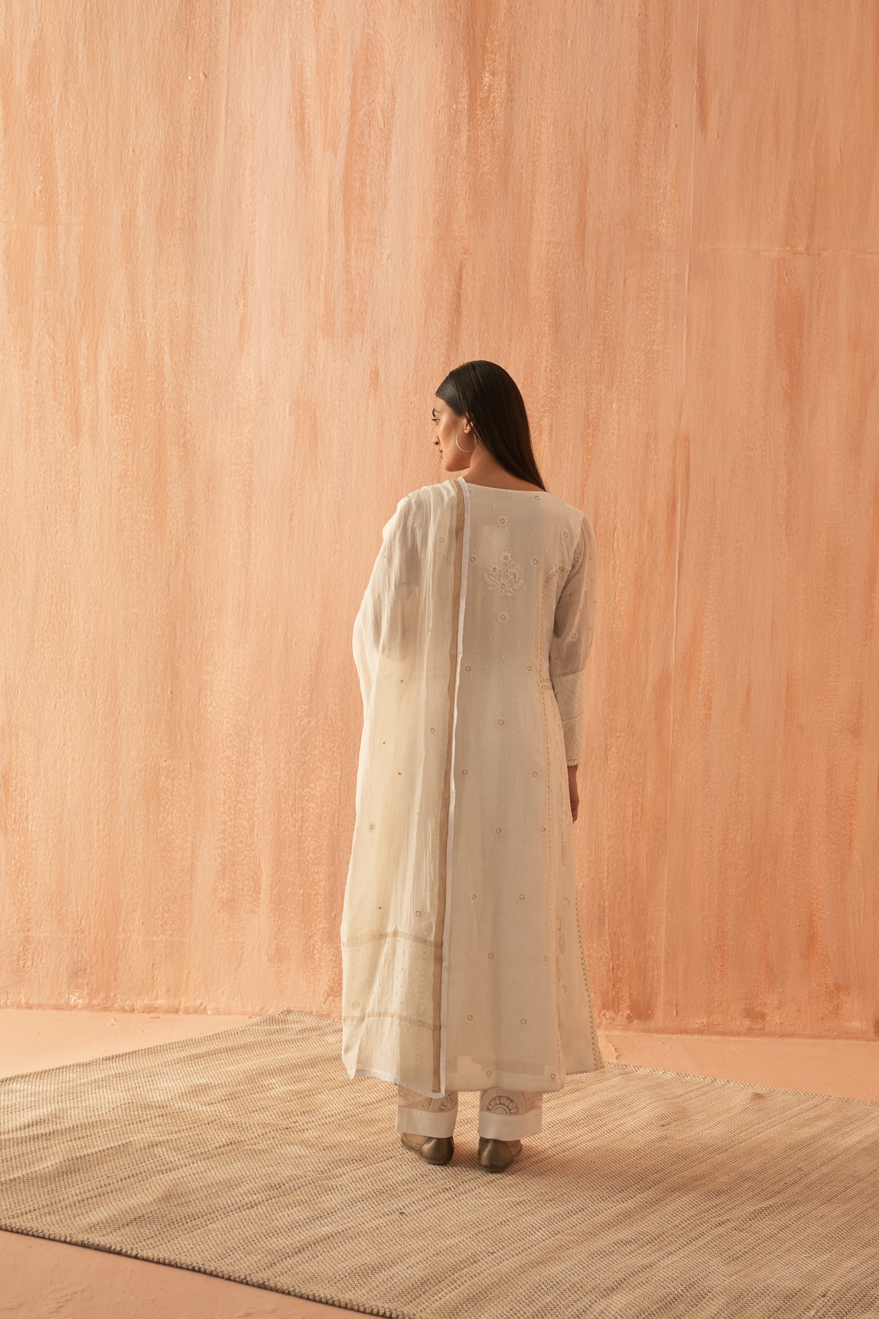 White Chanderi Chikankari Anarkali set with Pearl highlights